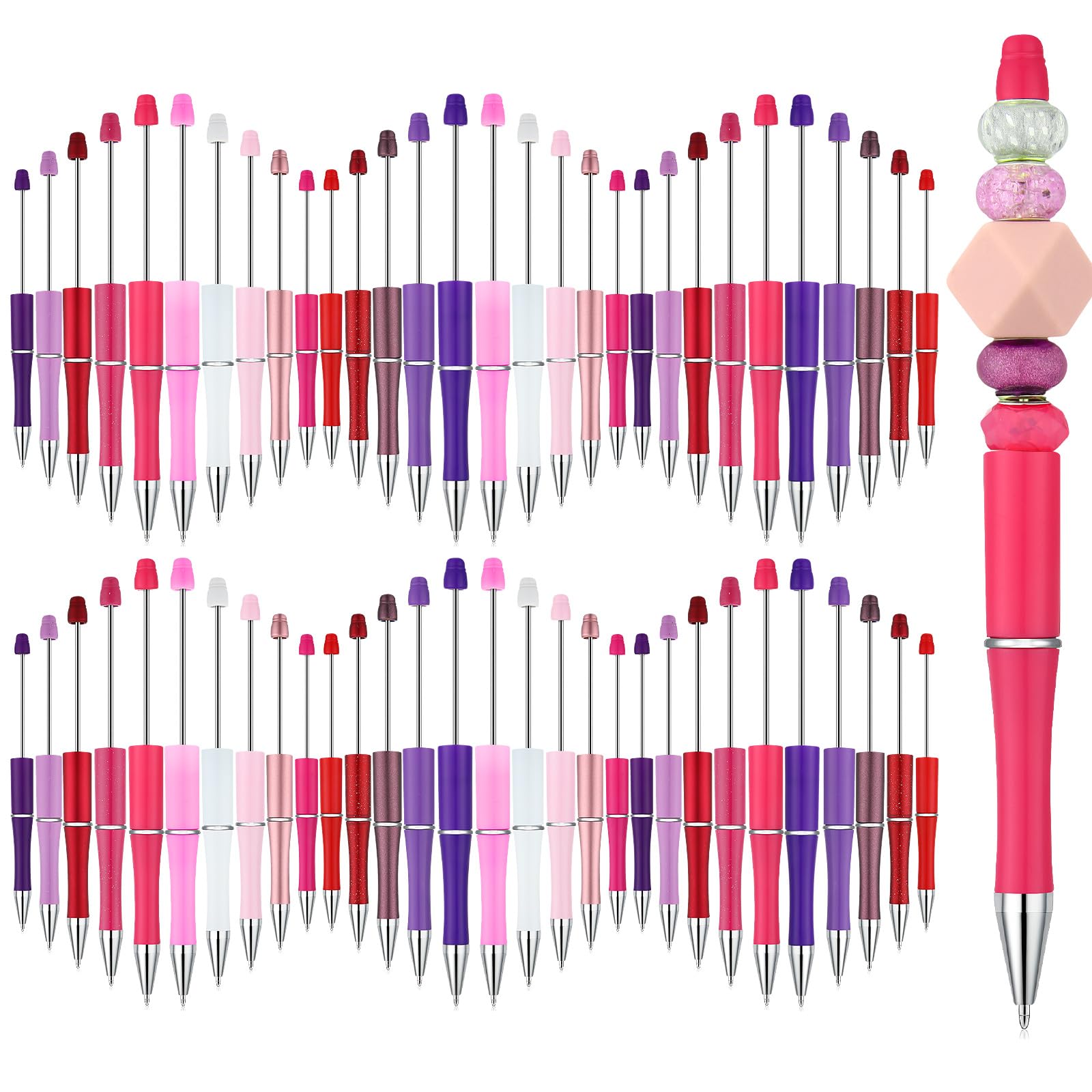 Kosiz 60 Pieces Plastic Beadable Pen Beaded Black Ink Ballpoint Pens For Kids Students Presents Office School Supplies(Pink Seri