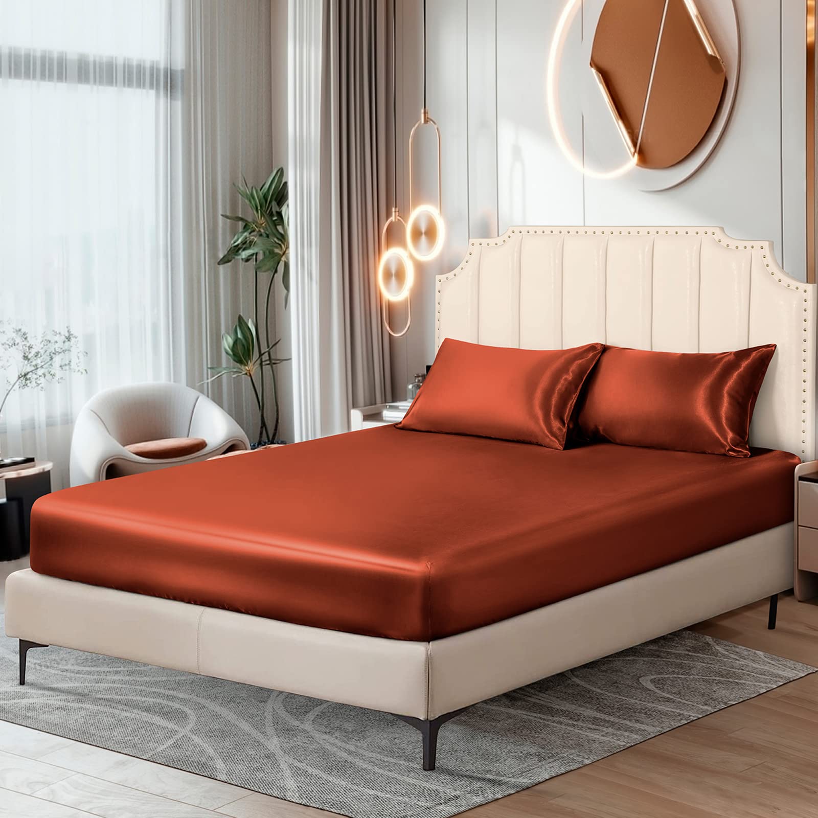 Ersmak Satin Fitted Sheet Only, Luxury Silky King Fitted Sheet Ultra Soft Deep Pocket Bottom Sheet, Wrinkle & Fade Resistant - R