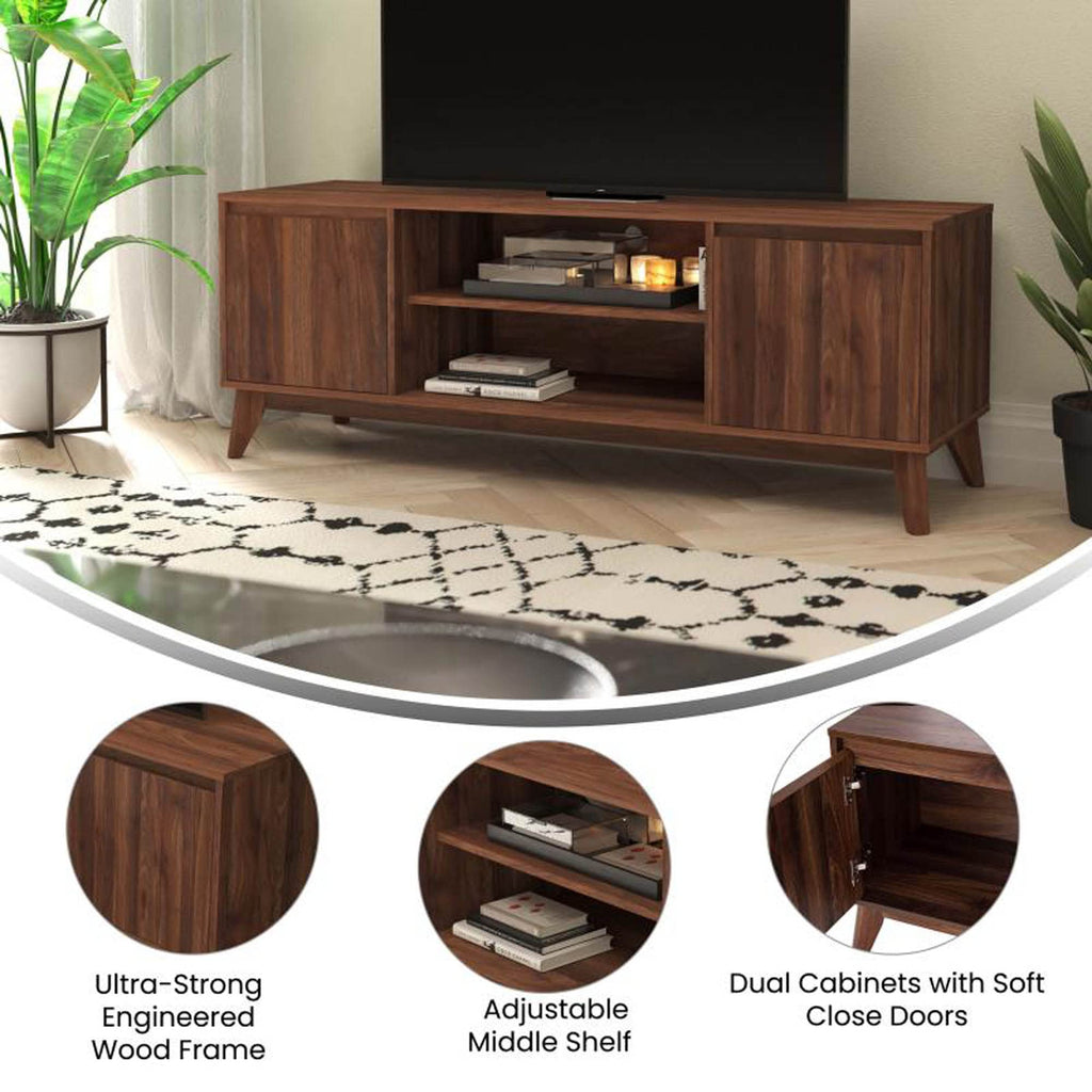 Flash Furniture Hatfield Mid-Century Modern TV Stand For up to 64 inch TV's - Walnut Laminate Finish - 60 Inch Media Center - Adjustable Center Shelf-Soft Close Doors