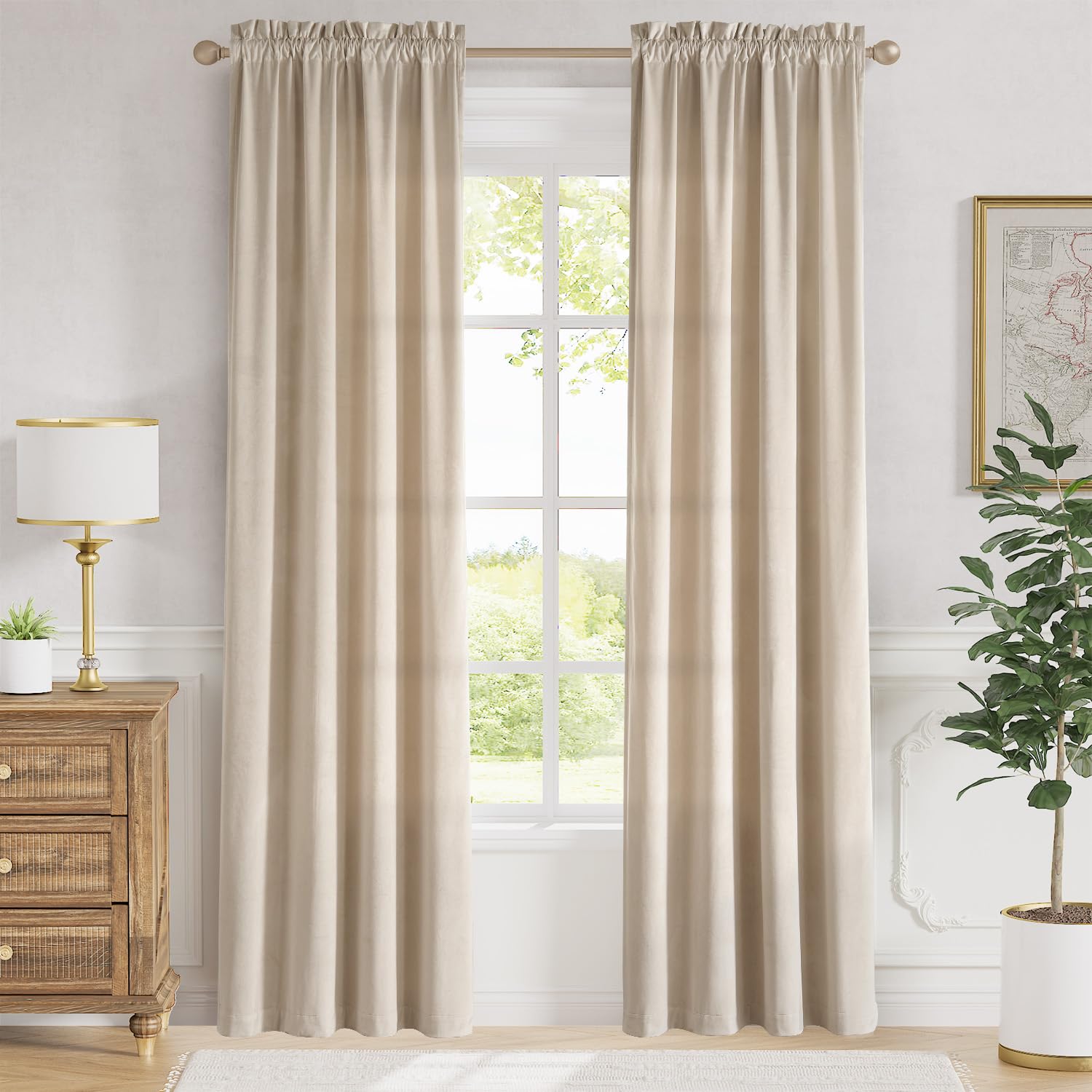 Lazzzy Velvet Curtains Beige Room Darkening Drapes For Bedroom Living Window Treatments Luxury Rod Pocket 90 Inches Long 2 Panels, W42 X L90
