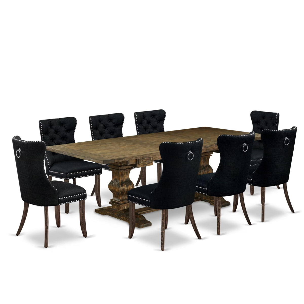 East West Furniture Lada9-07-T24 9 Piece Xtenczar Dining Table Set Includes A Rectangle Xtenczar Dining Table With Removable Leaf And 8 Polyester Padded Chairs, 42X92 Inch, Distressed Jacobean