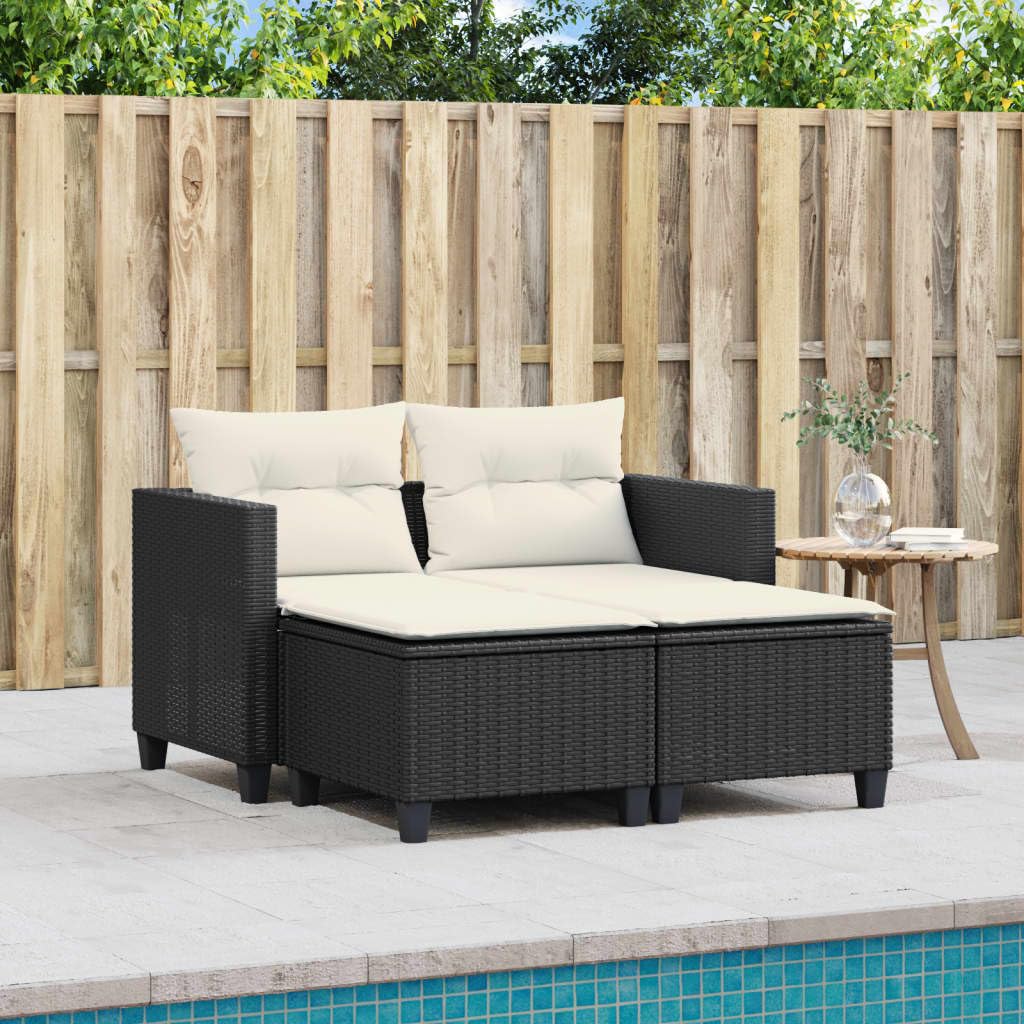 vidaXL Black Poly Rattan Patio Sofa 2-Seater with Stools - Powder-Coated Steel Outdoor Furniture - Cushions with Washable Covers