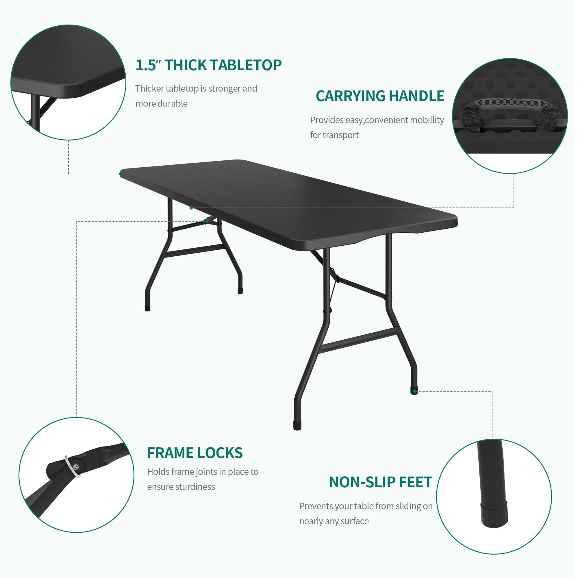 Yitahome Folding Tables Heavy Duty Folding Table 6Ft With Carrying Handle Plastic Fold Up Table For Outdoor Camping Picnic Parties/Indoor Events All In Black