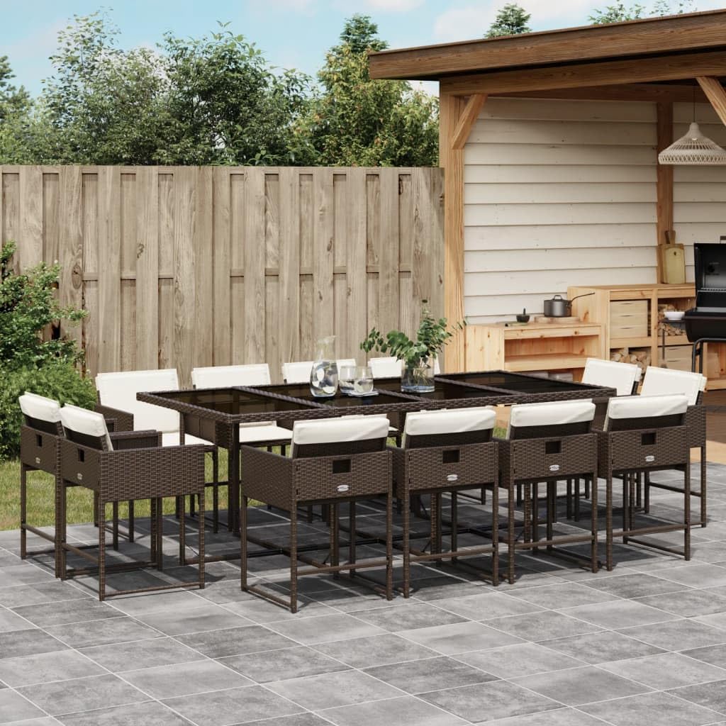 vidaXL 13-Piece Patio Dining Set - Brown Poly Rattan, Glass Tabletop, Foldable Chairs with Cushions for Garden, Backyard, Patio