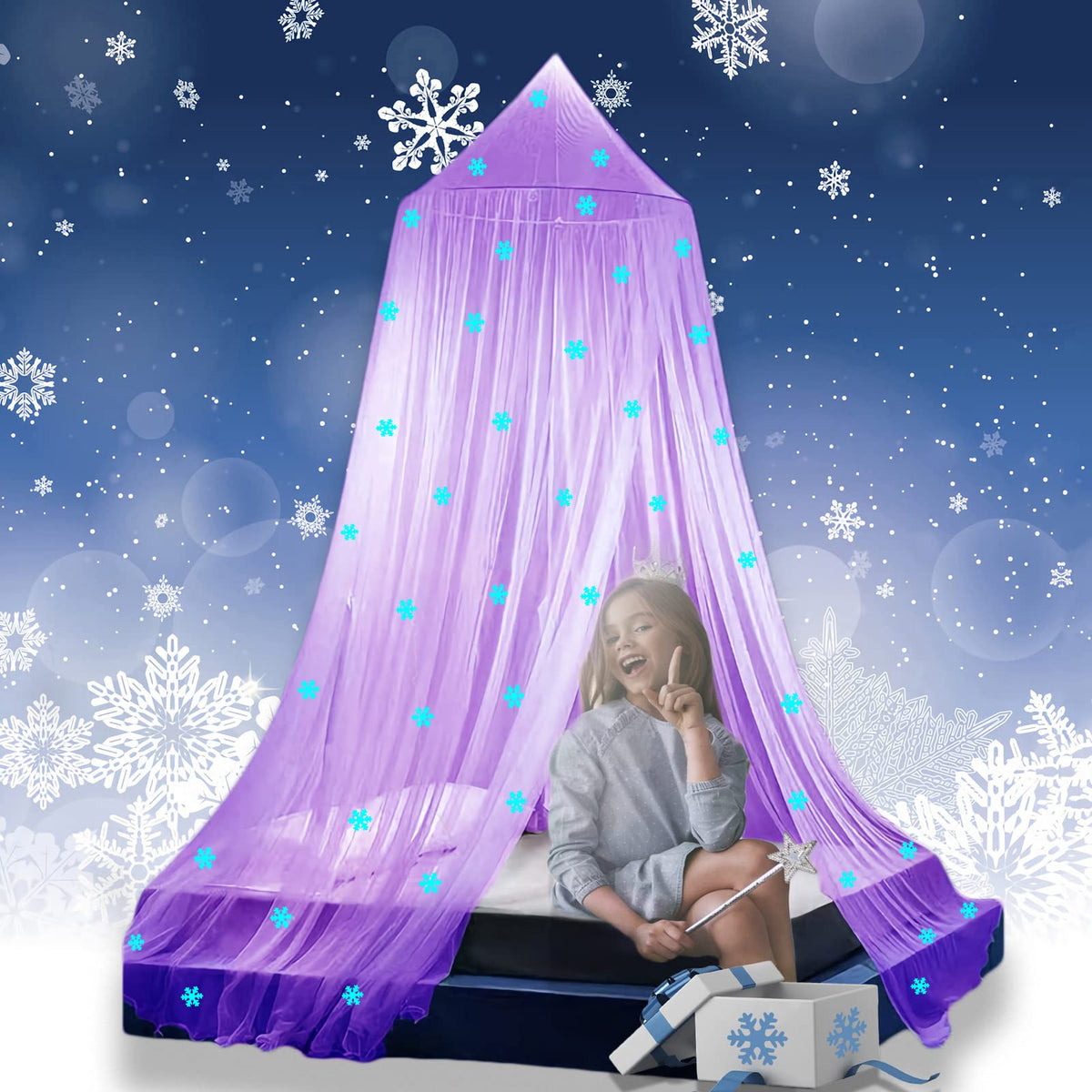 Eimilaly Princess Bed Canopy Glow In The Dark, Christmas Snowflakes Bed Canopy For Girls Room Decor, Encrypted Fabric, Purple