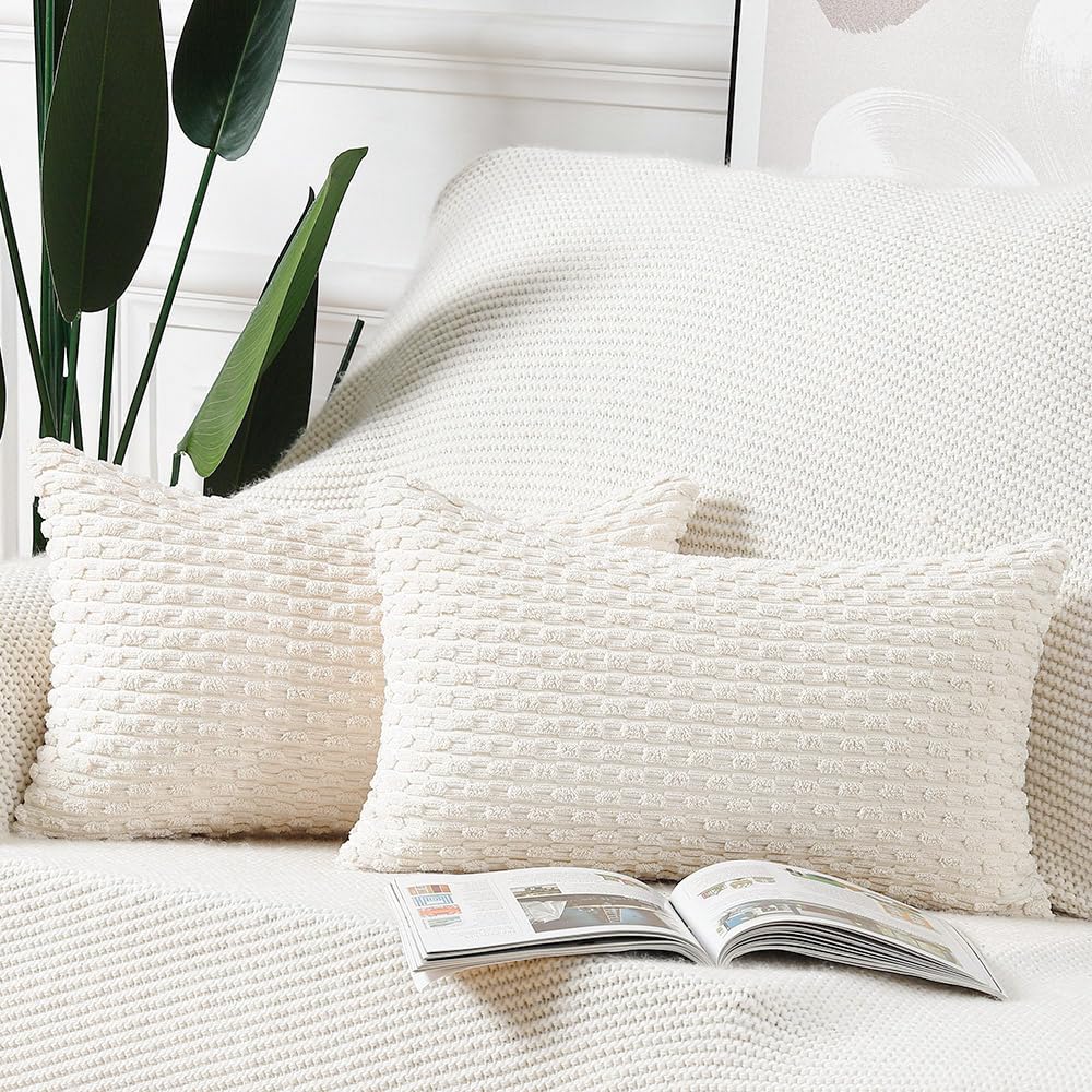 Madizz Pack Of 2 Boho Corduroy Striped Throw Pillow Covers 12X20 Inch Cream White Soft Decorative Cushion Cover For Bedroom Sofa