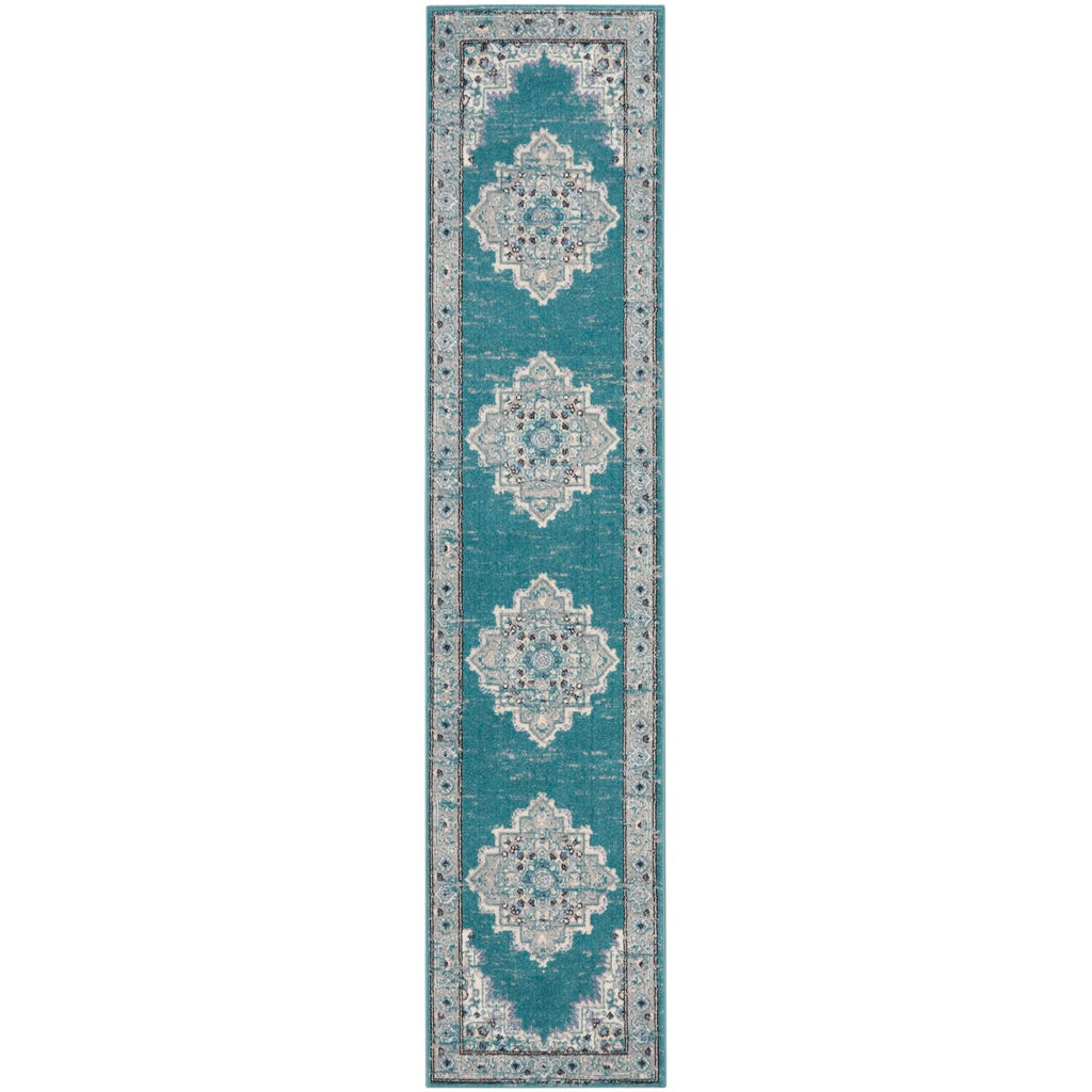 Nourison Passion Bohemian Turquoise Grey 2'2'' x 10' Area-Rug, Easy-Cleaning, Non Shedding, Bed Room, Living Room, Dining Room, 