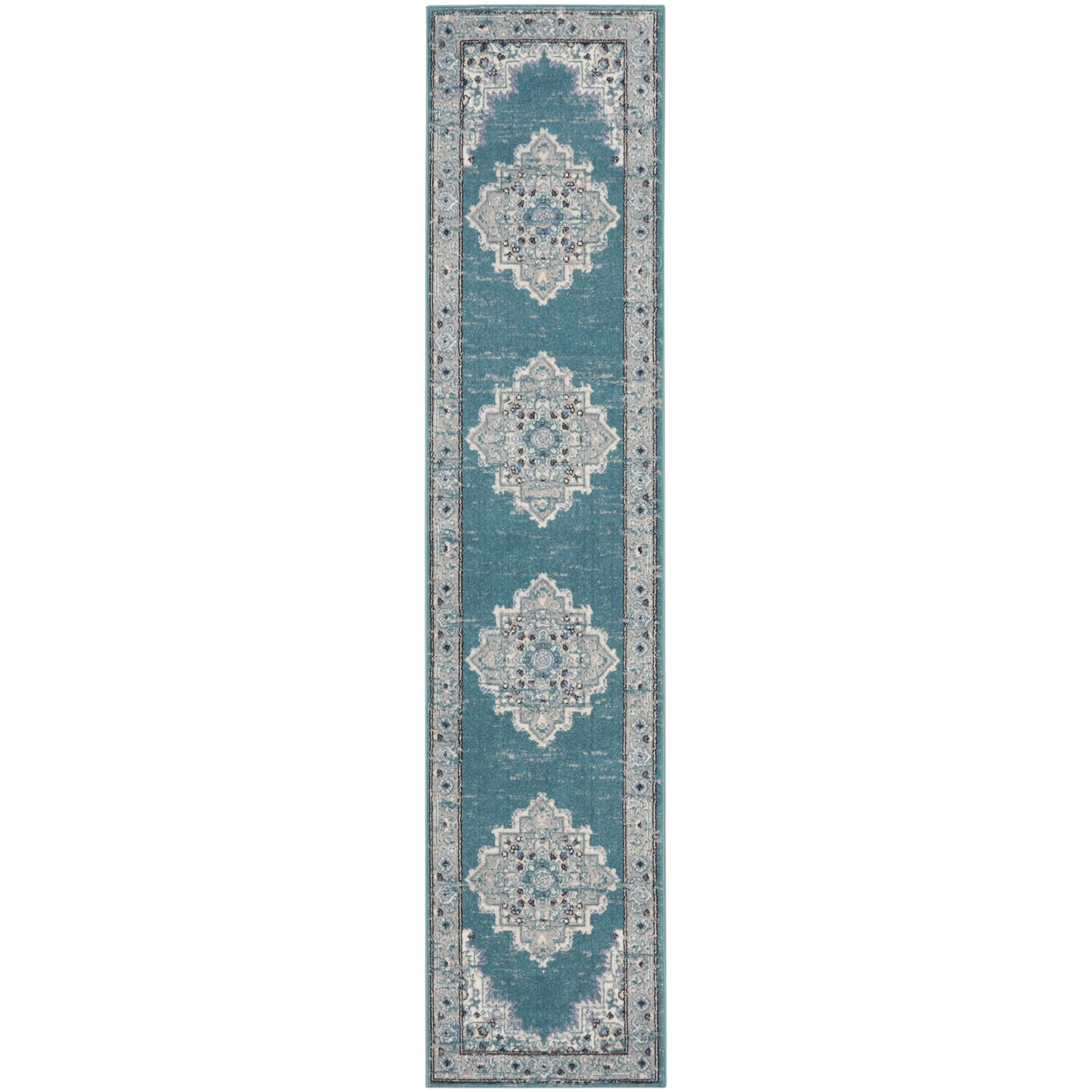 Nourison Passion Bohemian Turquoise Grey 2'2'' x 10' Area-Rug, Easy-Cleaning, Non Shedding, Bed Room, Living Room, Dining Room, 