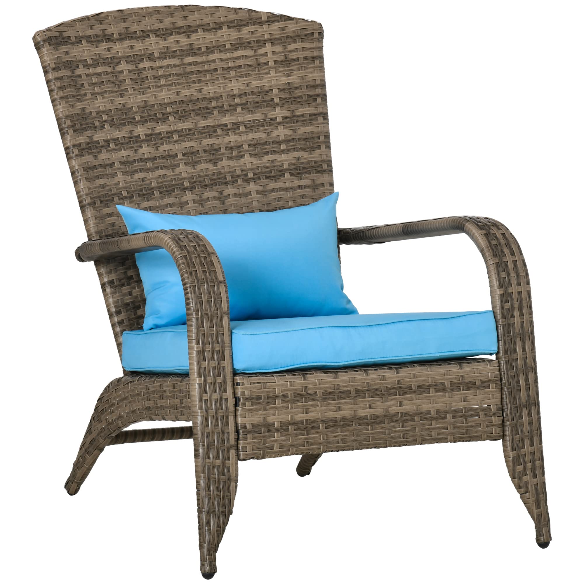 Outsunny Patio Wicker Adirondack Chair, Outdoor All-Weather Rattan Fire Pit Chair W/Soft Cushions, Tall Curved Backrest And Comfortable Armrests For Deck Or Garden, Sky Blue