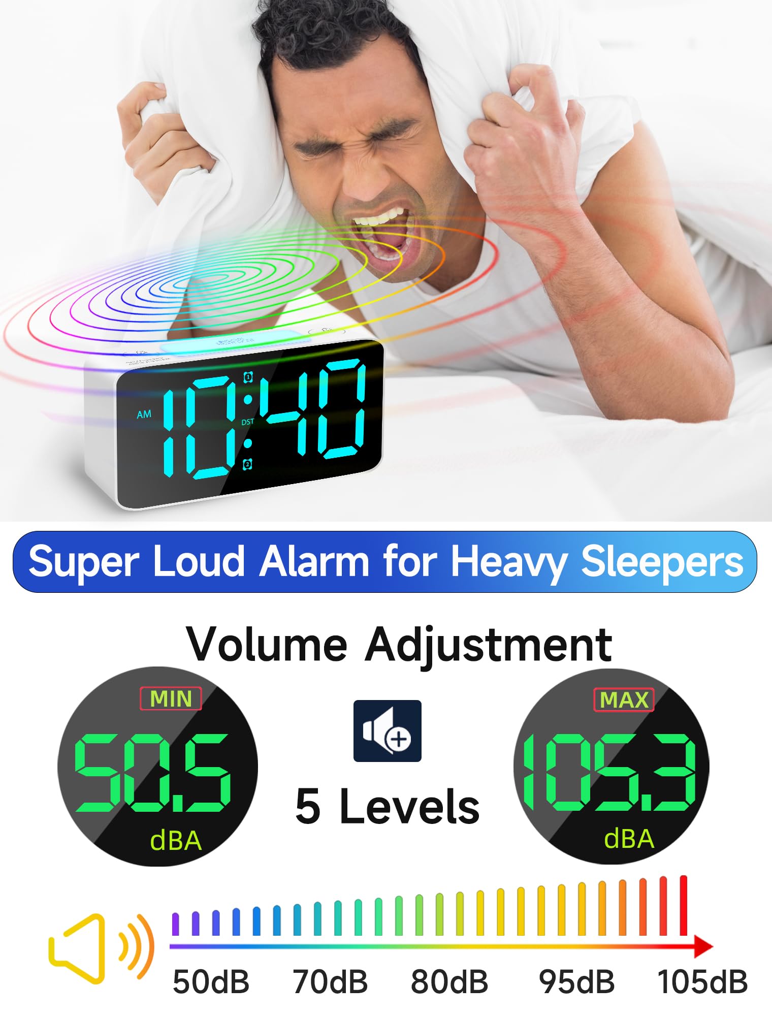 Cadmos Super Loud Alarm Clock for Heavy Sleepers, Digital Clock with RGB Night Light, Adjustable Volume, USB Charger - White