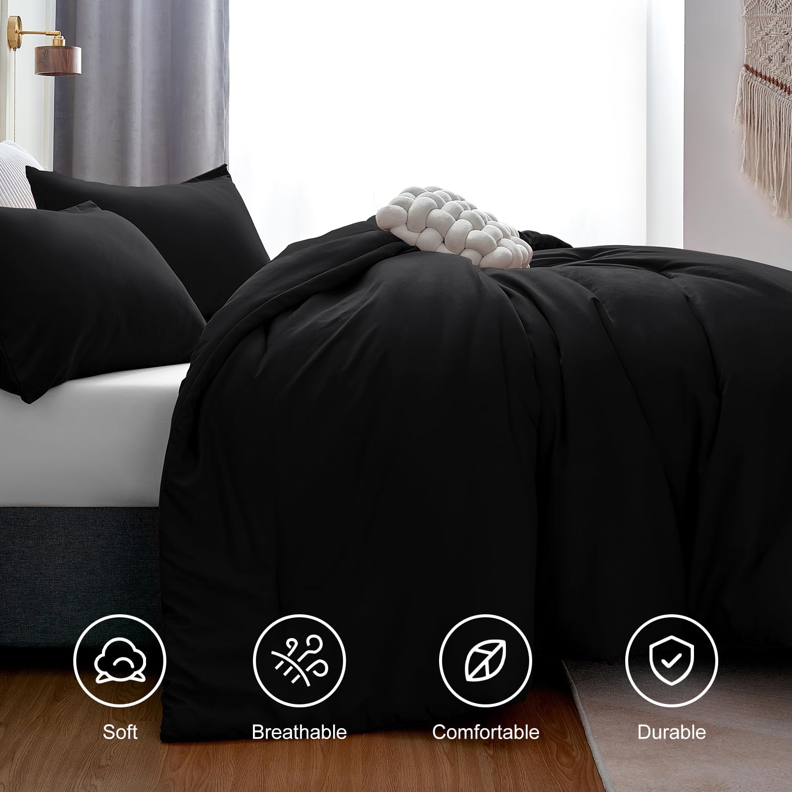 Cozylux California King Comforter Set Black, 3 Pieces Cal King Solid Breathable Boho Style Bedding Sets, Cozy Luxury Fluffy Soft Microfiber Quilt Comforter For All Season(1 Comforter & 2 Pillowcases)