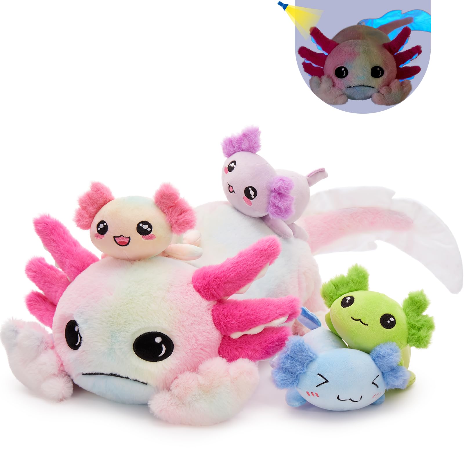 Tezituor Axolotl Stuffed Animal Glow In The Dark For Kids,31.5 ' Huggable Soft Salamander Plush Pillow Toy With 4 Babies Kawaii