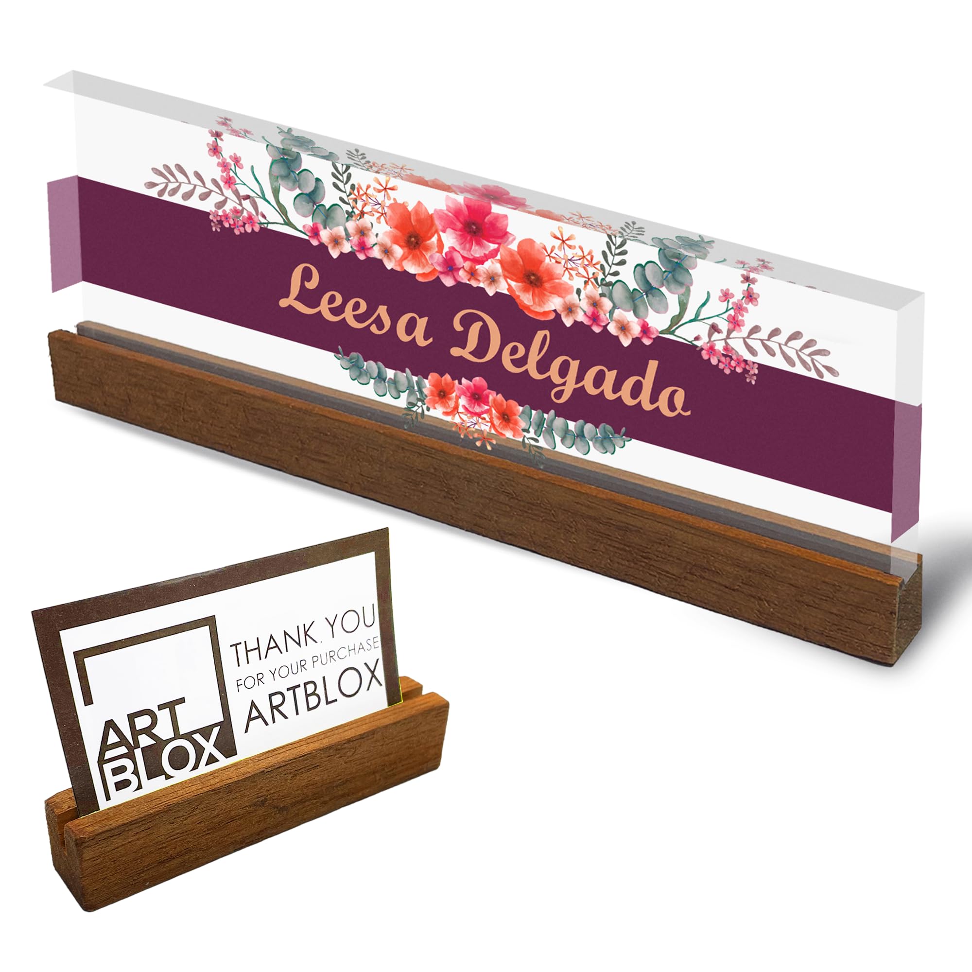 Artblox Personalized Office Desk Name Plate And Business Card Holder | Clear Acrylic Glass With Teak Wood Stand | Wild Flowers D