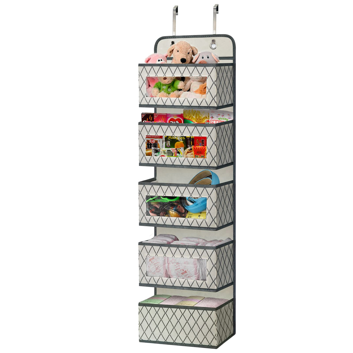 Over the Door Hanging Pantry Storage Organizer with 5 Large Pockets with Clear PVC Window & 2 Big Metal Hooks for Closet,Bathroo
