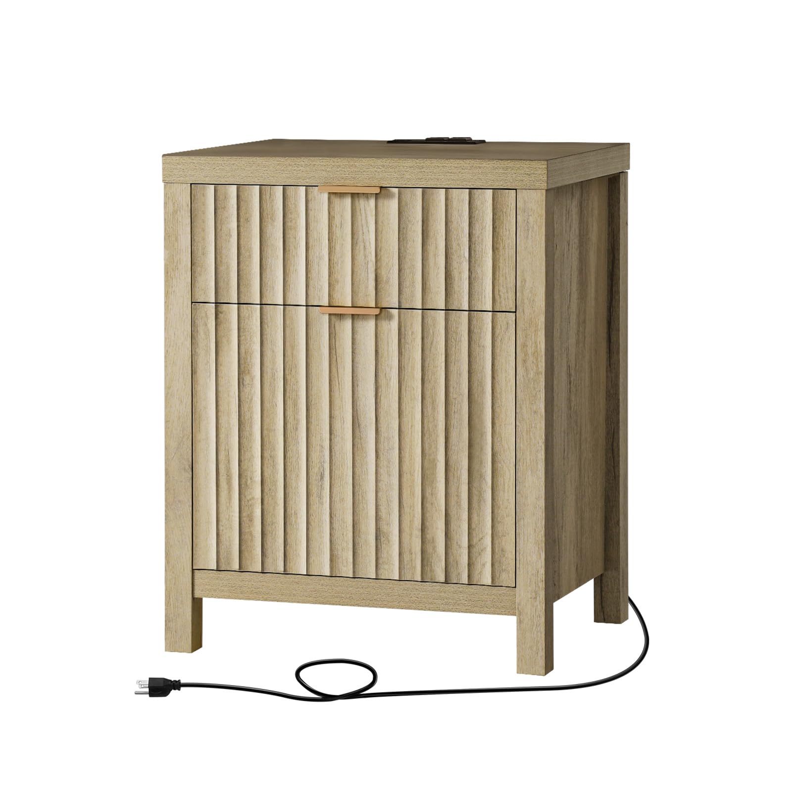 OAKHAM HOME Oxford 2 Drawer Nightstand, End Table with Charging Station, Night Stand with Fluted Panel, Farmhouse Sofa/Bed Side 