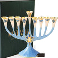 Matashi Hand Painted Enamel Menorah Candelabra Embellished with Gold Accents and Crystals (Classic Blue)
