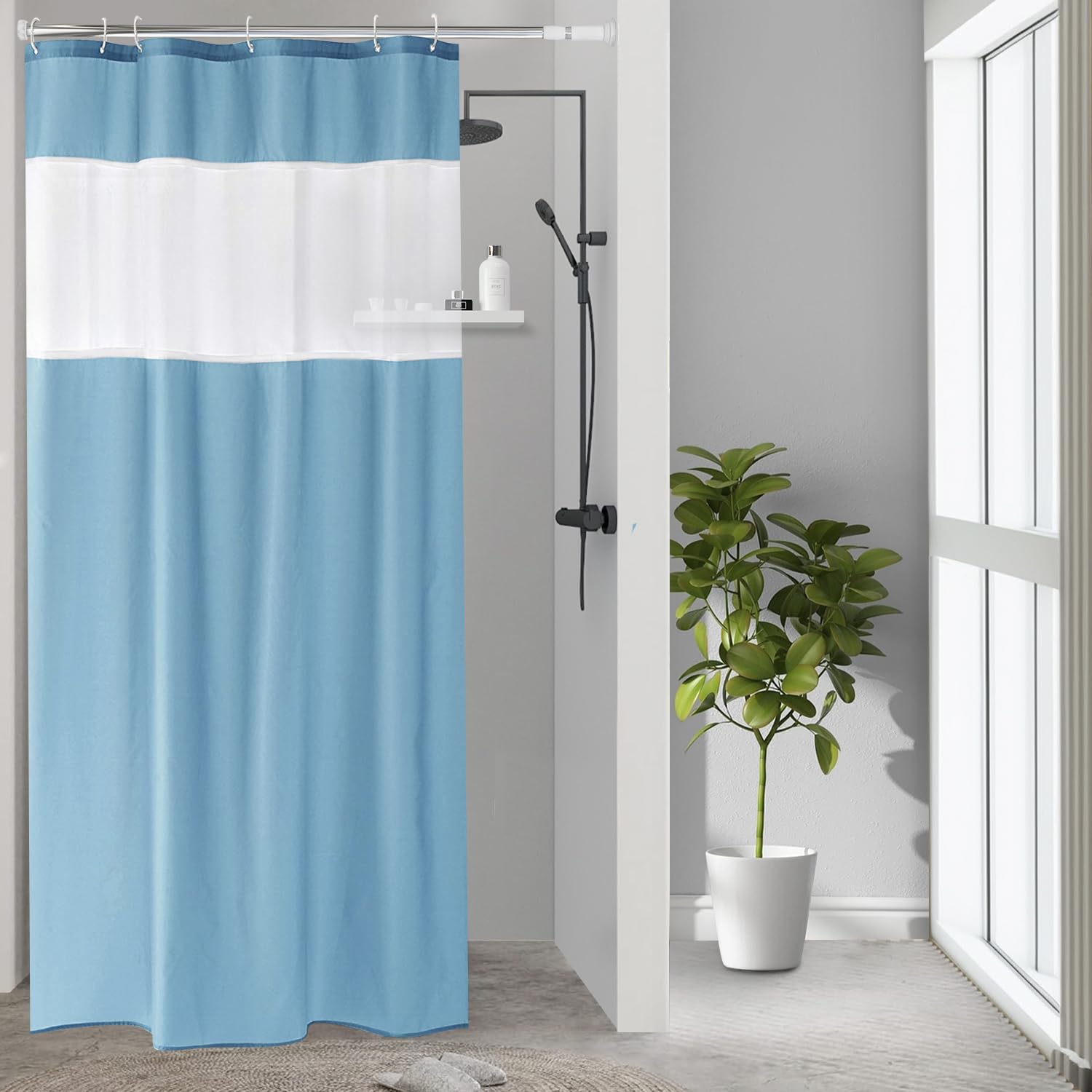 UFRIDAY 36x72 Inch Stall Shower Curtain with Mesh Window,Soft Fabric Solid Bathroom Curtain with Hooks, Weighted Hem, Heavy Duty