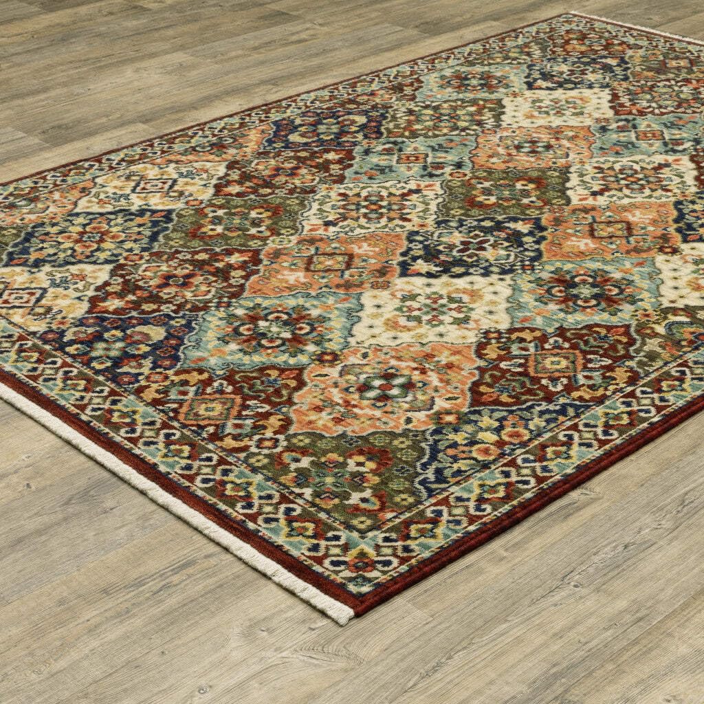 HomeRoots 509273 8 x 11 ft. Red Rust Navy Light Blue Brown Orange Ivory & Gold Oriental Power Loom Stain Resistant Rectangle Area Rug with Fringe