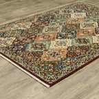 HomeRoots 509274 10 x 13 ft. Red Rust Navy Light Blue Brown Orange Ivory & Gold Oriental Power Loom Stain Resistant Rectangle Area Rug with Fringe