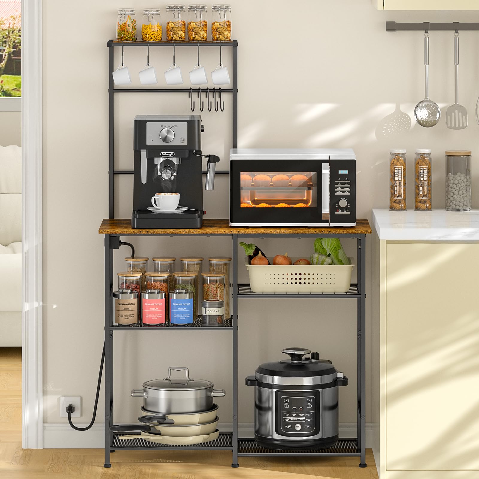 3Ingseagulls Bakers Rack With Power Outlet, Kitchen Microwave Stand With 10 S-Shaped Hooks, 6-Tier Coffee Bar Station, Kitchen S