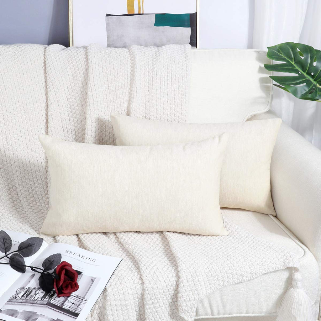 Brawarm Chenille Throw Pillow Covers 12X20 Inches - Cream Chenille Lumbar Pillow Covers Pack Of 2, Solid Dyed Soft Chenille Pill