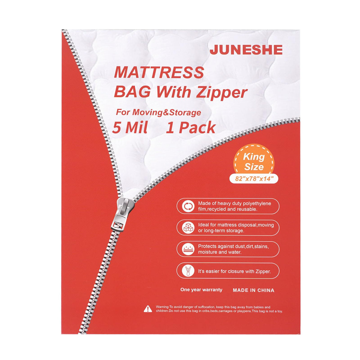 JUNESHE King Mattress Bag for Moving and Storage Cover -5 Mil Zipper Plastic Waterproof Mattress Storage Bag 82x78x14 inches,1 P
