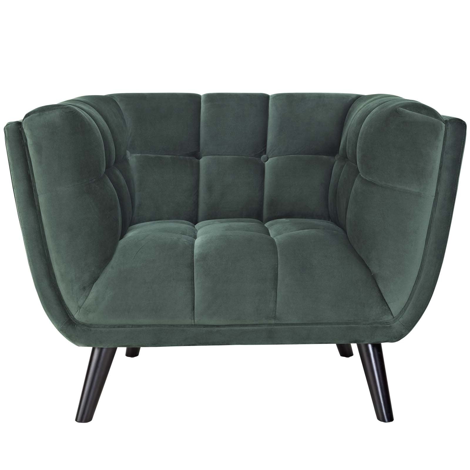 Modway Bestow Mid-Century Performance Velvet Upholstered Tufted Accent Lounge Chair in Green