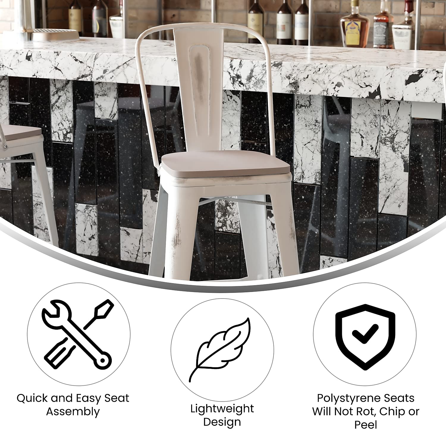 Flash Furniture Carly Commercial Grade 30" High White Metal Indoor-Outdoor Bar Height Stool with Back and Gray Polystyrene Seat
