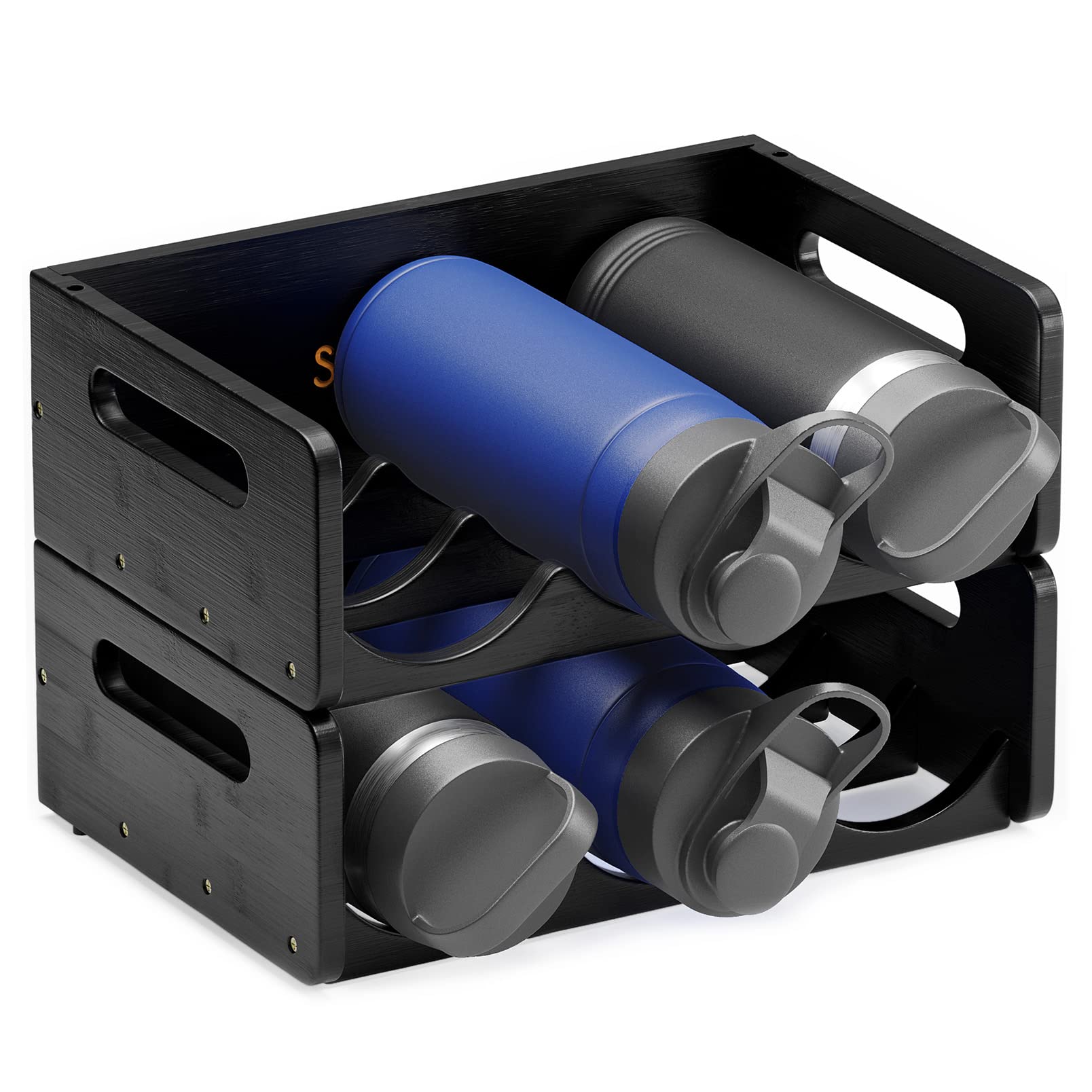 SpaceAid Bamboo Water Bottle Organizer with Labels, Kitchen Pantry Water Bottle Storage Rack for Cabinets, Home Cup and Wine Bot