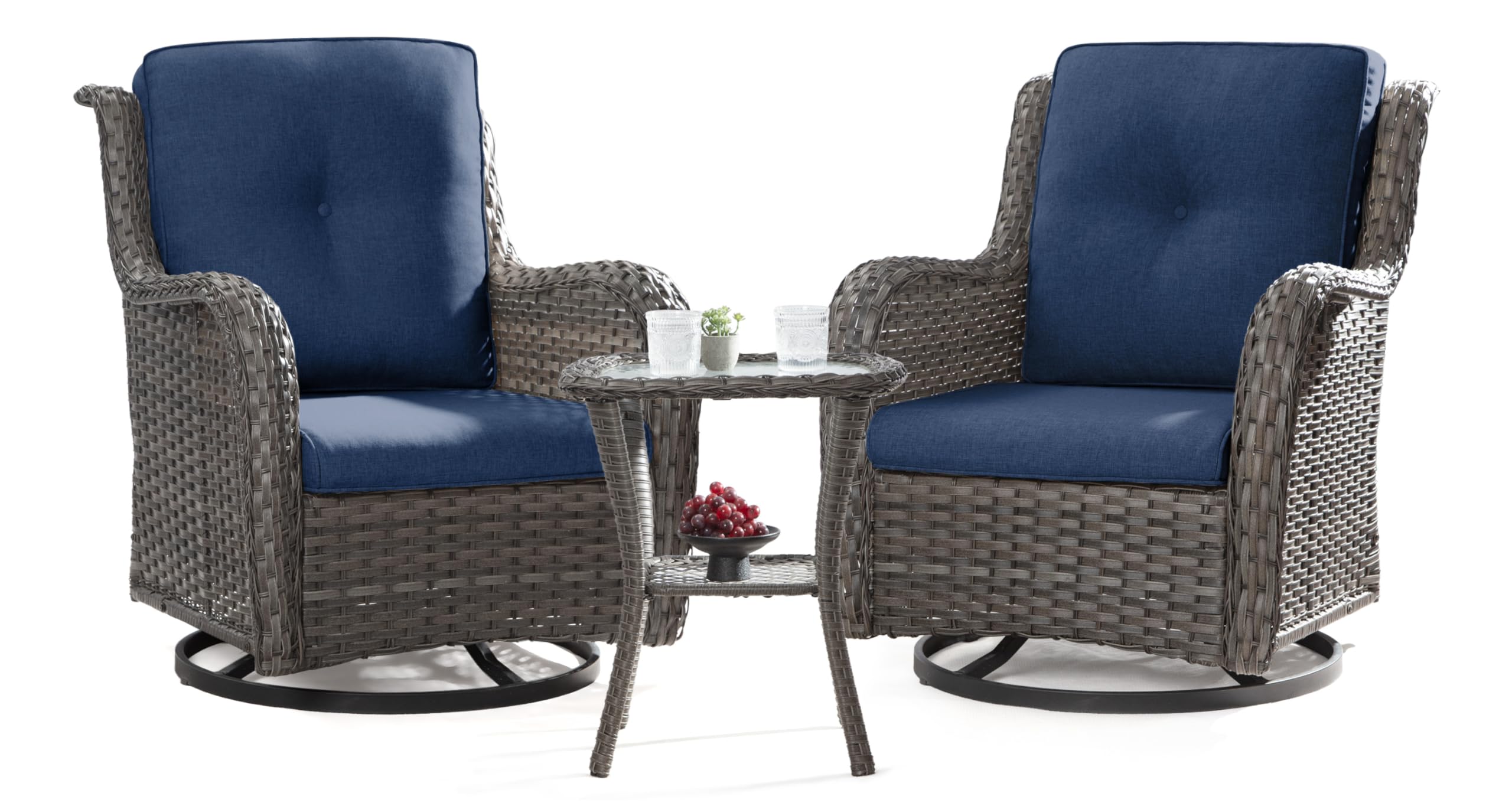 Joyside Outdoor Swivel Rocker Patio Chairs Set Of 2 And Matching Side Table - 3 Piece Wicker Patio Bistro Set With Premium & Sof