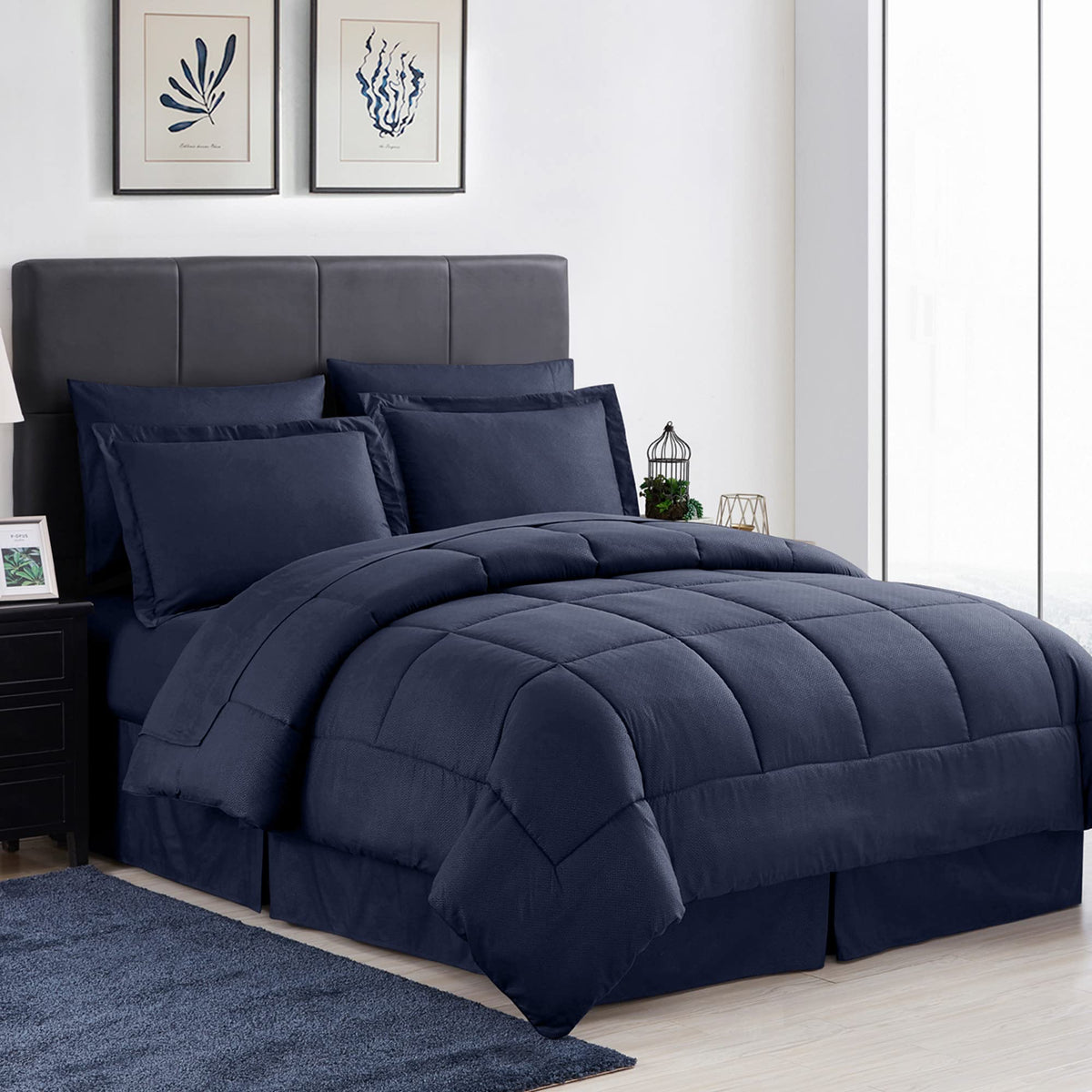 Sweet Home Collection King Size Greek Key Navy 8 Piece Bedding Set - Smooth Piped Edging, Sewn-Through Construction, Overfilled