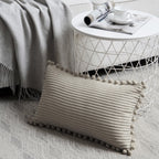 Fancy Homi Pack Of 2 Boho Neutral Taupe Lumbar Decorative Throw Pillow Covers With Pom-Poms, Soft Corduroy Solid Rectangle Cushi