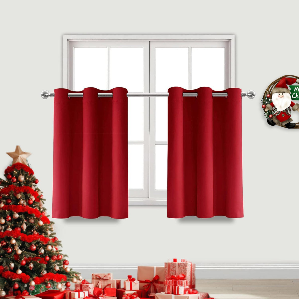 Dwcn Blackout Curtains Red Christmas Curtains, Room Darkening Thermal Insulated Kitchen Tier Curtains, Solid Grommet Cafe Curtai