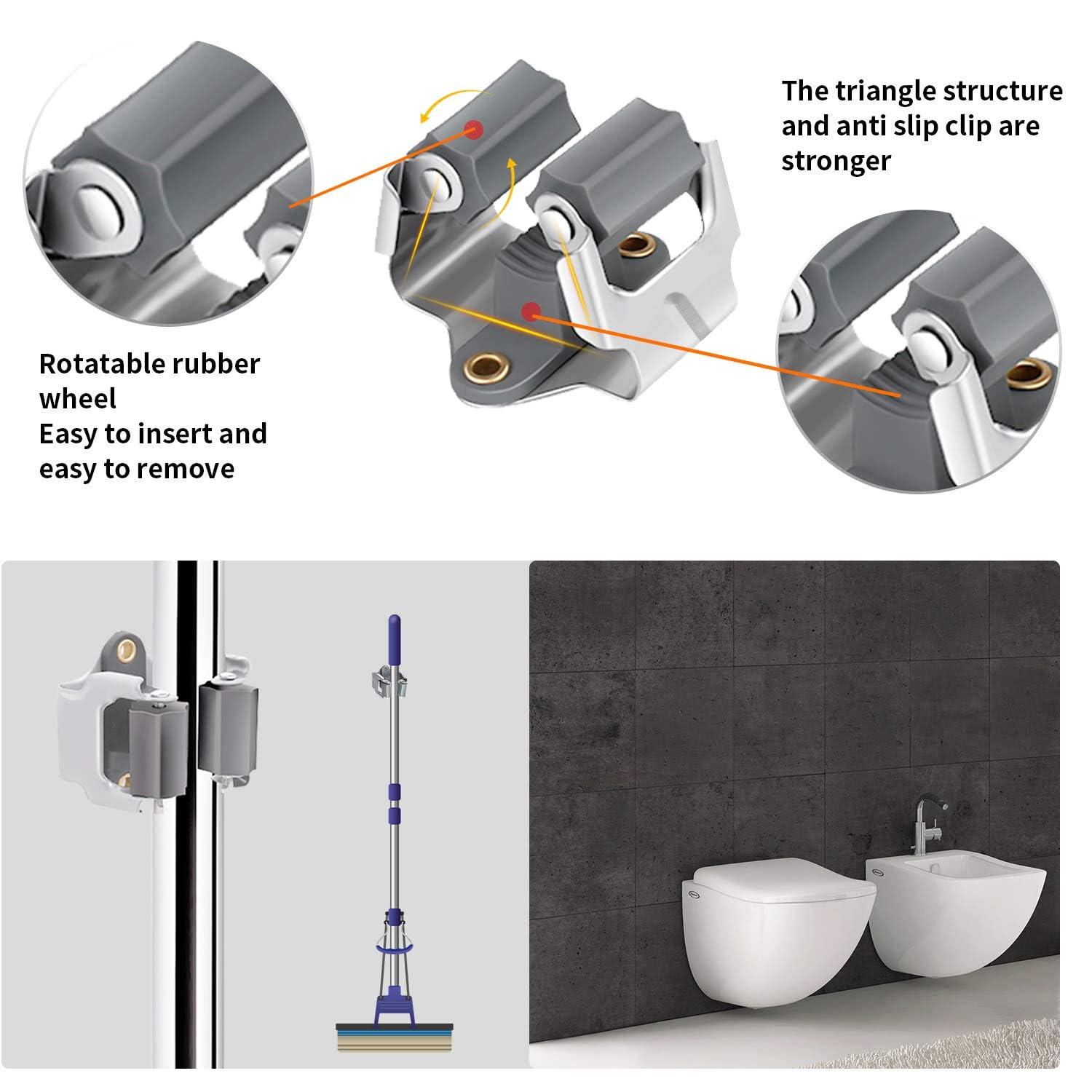 3-H Mop And Broom Holder Big Size Hanging 1 Kg Extra,Broom Hanger 10 Pack,Broom Holder Wall Mount For Hanging And Organizing Shove Rake Yard Tools In Kitchen Shed Laundry Room Bathroom Garden(Grey)