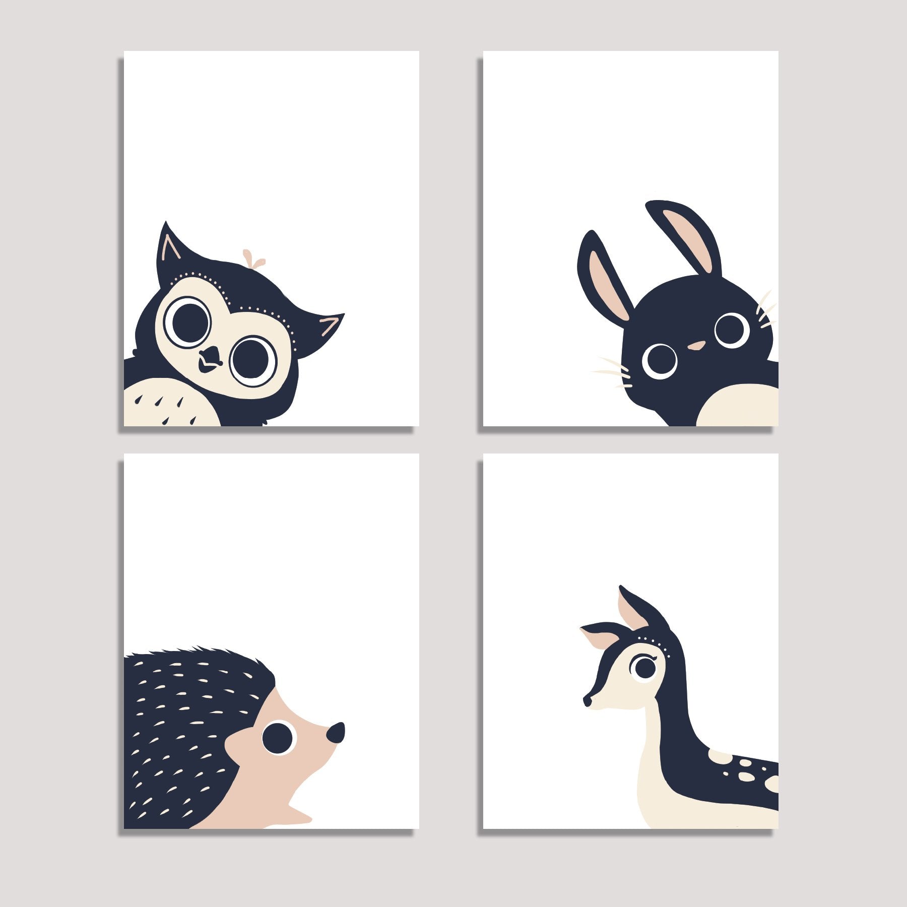Peeking Animal Collection, Children s Wall Art Prints, Set of Four 11x14 Prints, Forest Nursery, Gender Neutral Nursery Decor, 