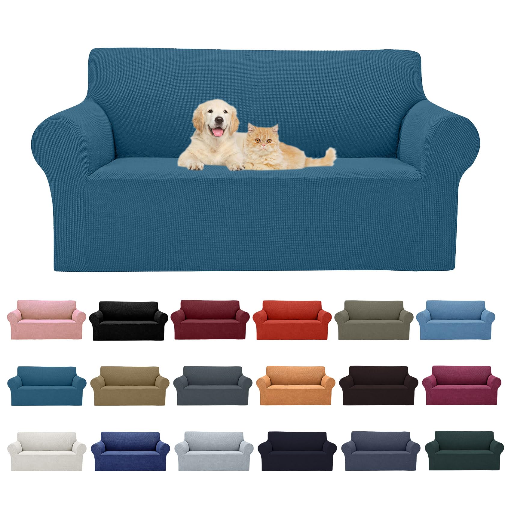 2025 New Stretch Loveseat Sofa Slipcovers Couch Cover For 2 Cushion Furniture Protector Sofa Covers With Elastic Bottom Jacquard Fabric Small Checks For Pets, Kids - Peacock Blue