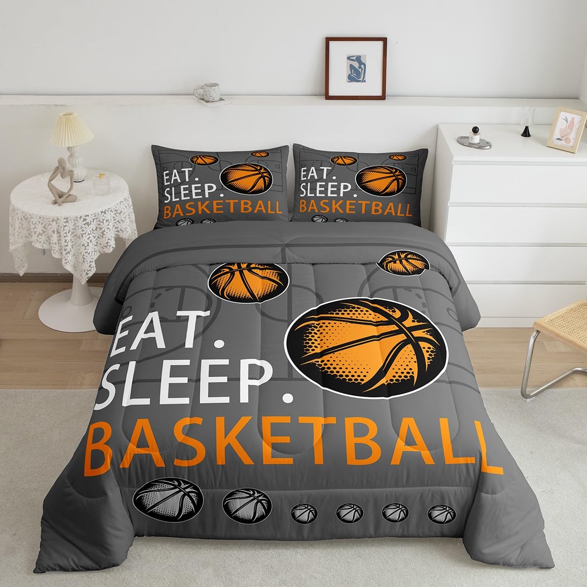 Feelyou Eat Sleep Basketball Comforter Set Grey Bedding Set for Kids Boys Girls Teens Room Decor Animation Style Comforter Queen