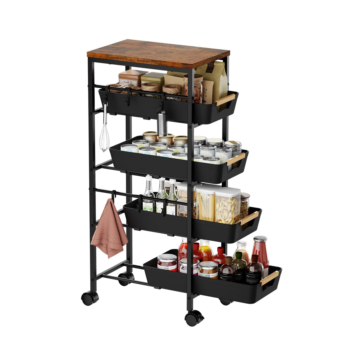 Landmok 5Tier Slim Storage Cart, Wooden Top Rolling Kitchen Cart with PullOut Baskets & Wheels, Narrow Space Utility Cart Slid