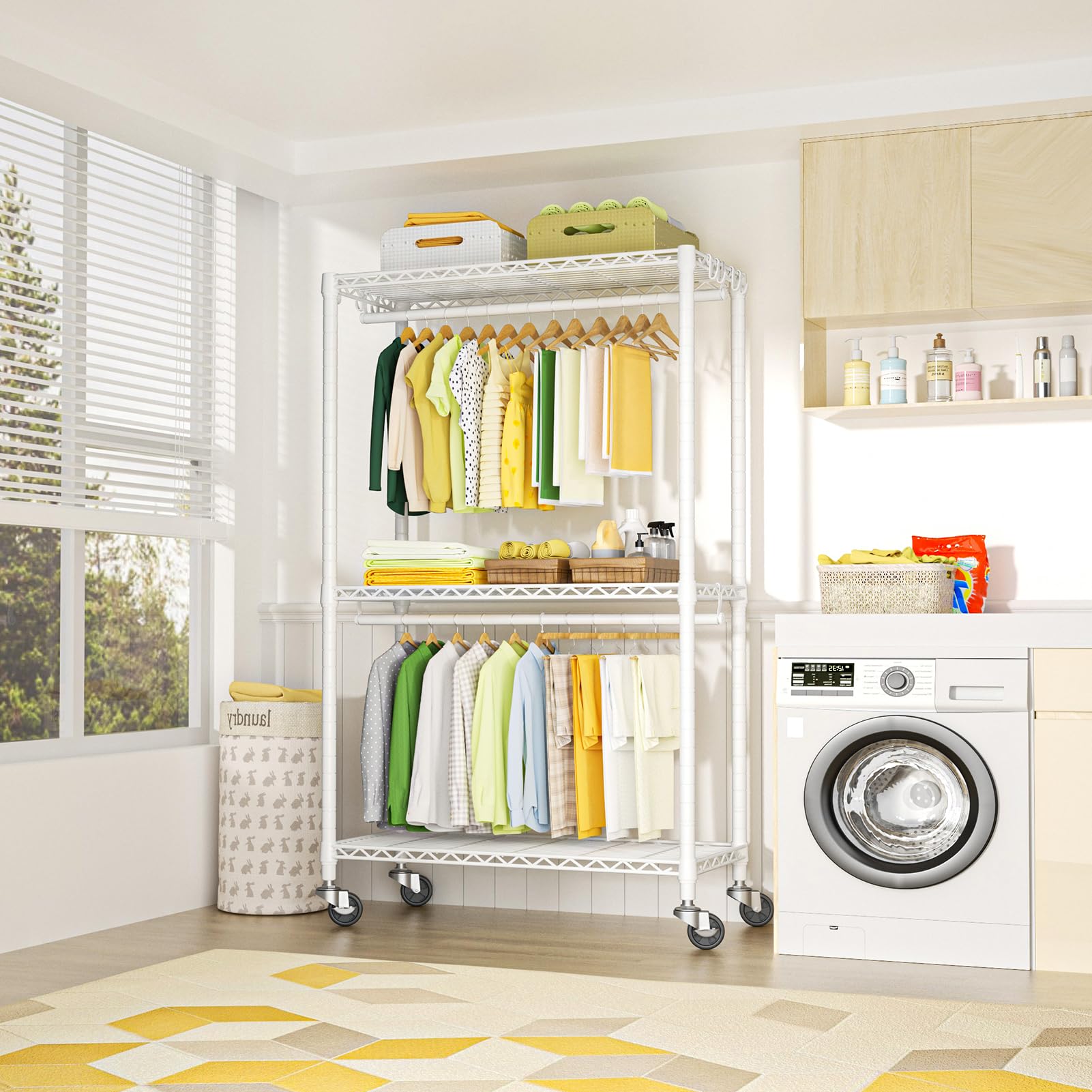 Futassi P3 Rolling Clothes Rack, Clothing Racks For Hanging Clothes, Heavy Duty Garment Rack With Wheels, Freestanding Portable