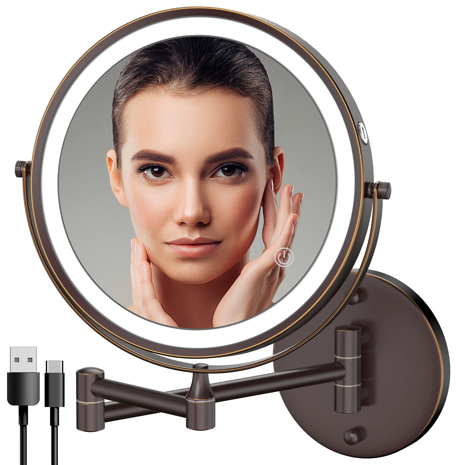 Rocollos Rechargeable Wall Mounted Lighted Makeup Mirror, 8 Inch Double-Sided LED Vanity Mirror 1X/10X Magnification,3 Color Lig