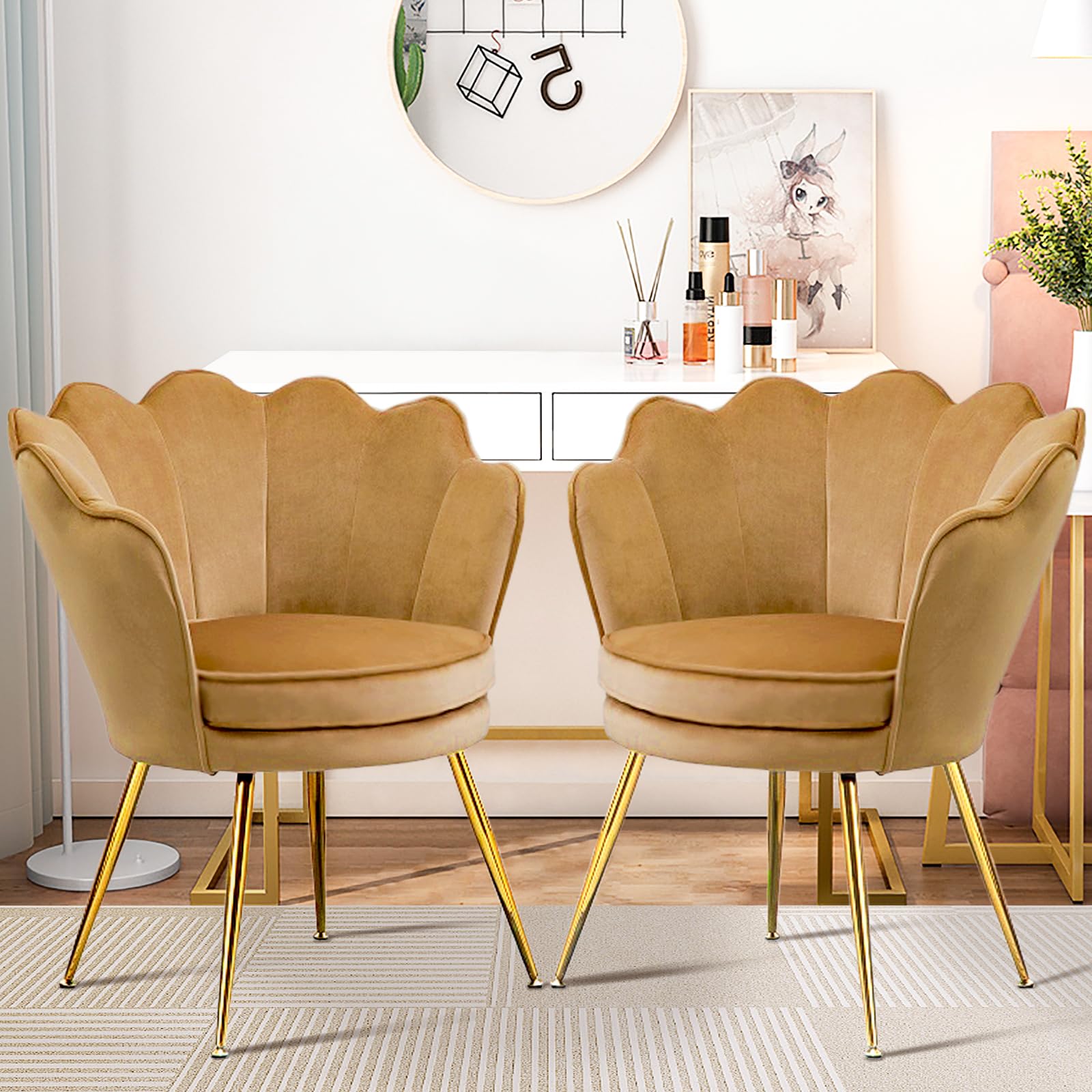 Czlolo Accent Chairs Set Of 2 For Living Room, Velvet Upholstered Makeup Room Vanity Chair With Back, Golden Metal Legs Small Ac