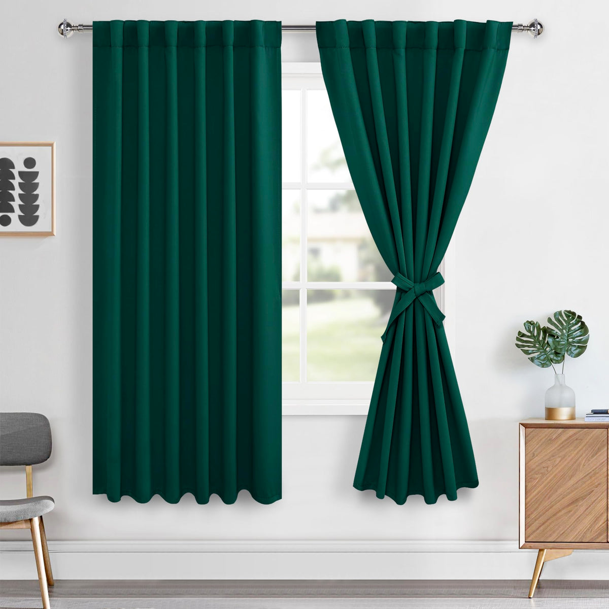Hiasan Back Tab Blackout Curtains 2 Panels, Rod Pocket Christmas Curtains for Bedroom, Room Darkening Emerald Green Curtains for