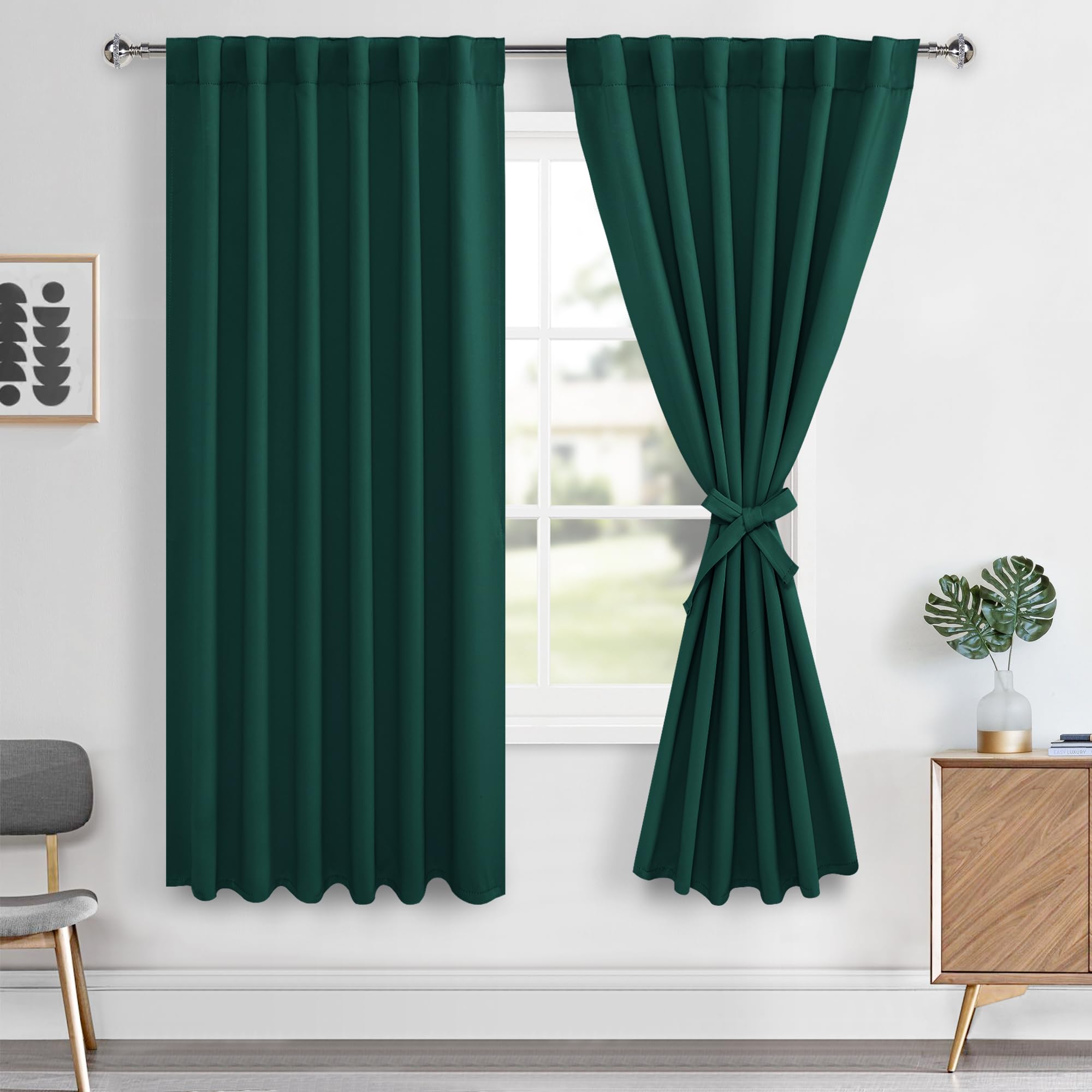 Hiasan Back Tab Blackout Curtains 2 Panels, Rod Pocket Christmas Curtains for Bedroom, Room Darkening Emerald Green Curtains for