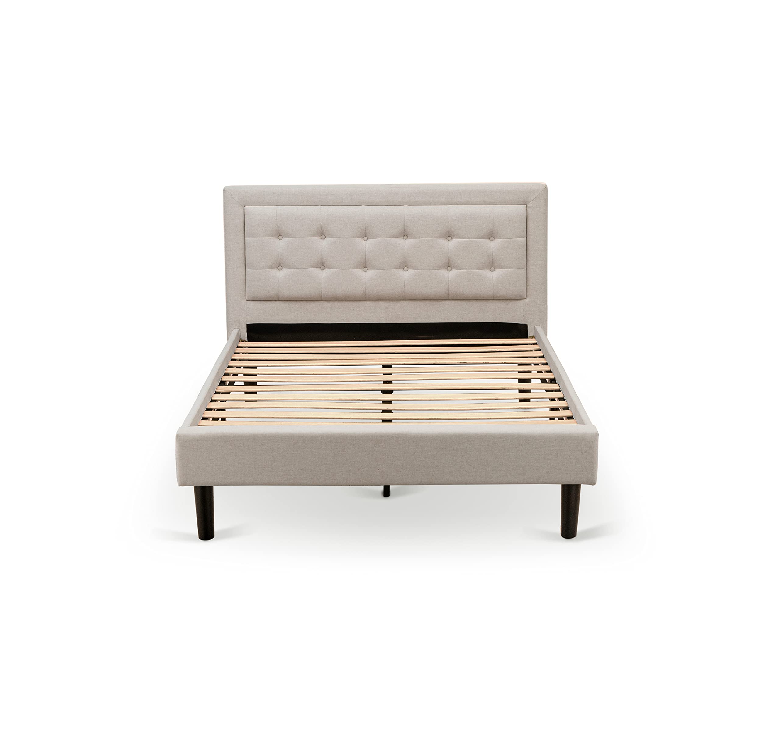 East West Furniture FNF-08-F Platform Full Size Bed - Mist Beige Linen Fabric Upholstered Bed Headboard with Button Tufted Trim Design - Black Legs