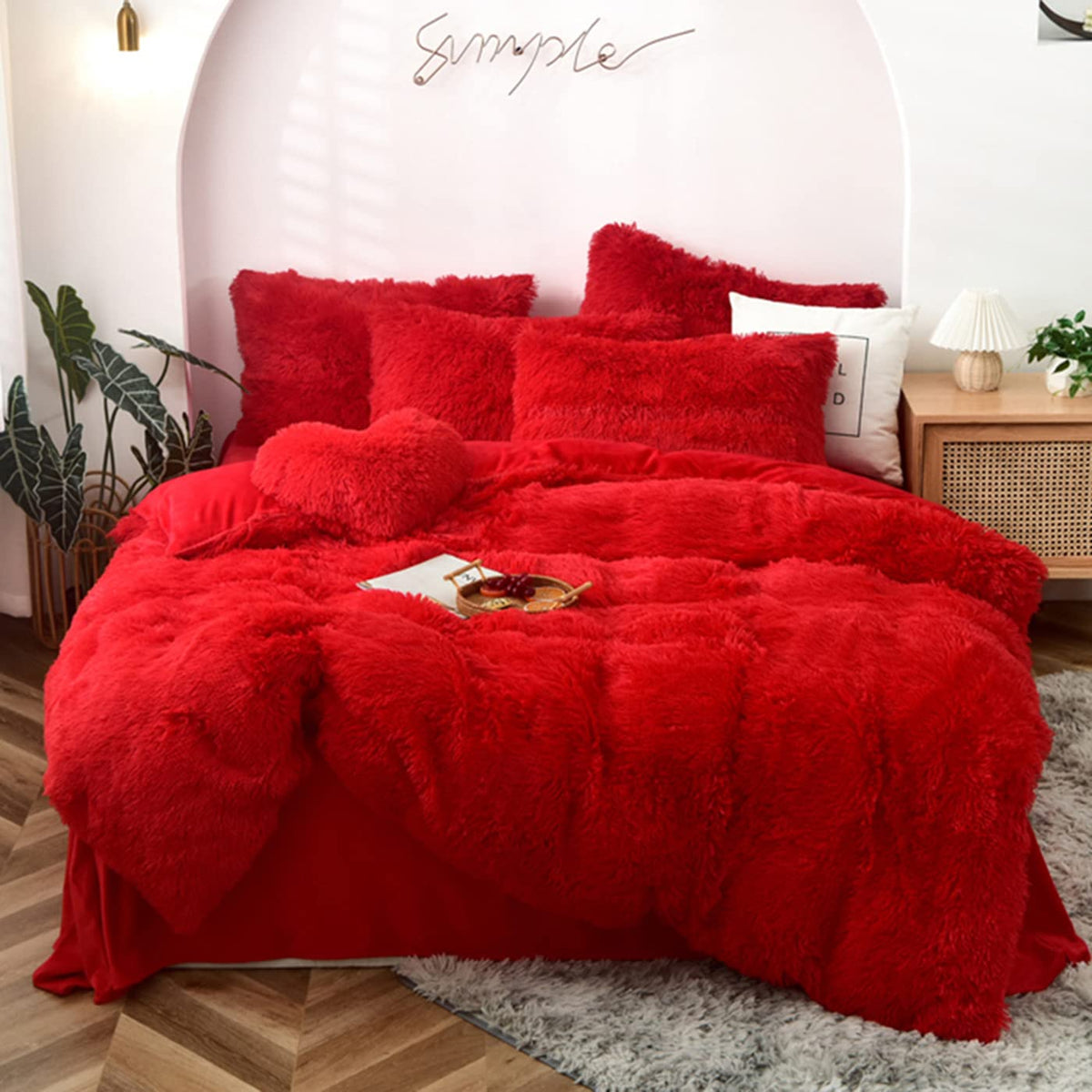 Morromorn 5 Pcs Shaggy Duvet Cover Bedding Set - Long Faux Fur Luxury Ultra Soft (Red, King/California King)