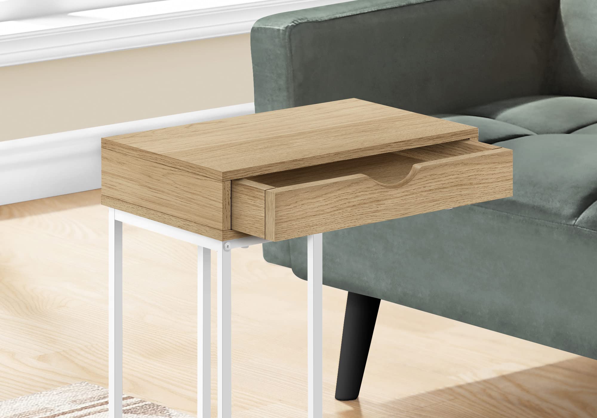 Monarch Specialties 3775 Accent Table, C-shaped, End, Side, Snack, Storage Drawer, Living Room, Bedroom, Metal, Laminate, Natural, White, Contemporary, Modern Table-25, 15.75&quot; L x 9.45&quot; W x 24&quot; H