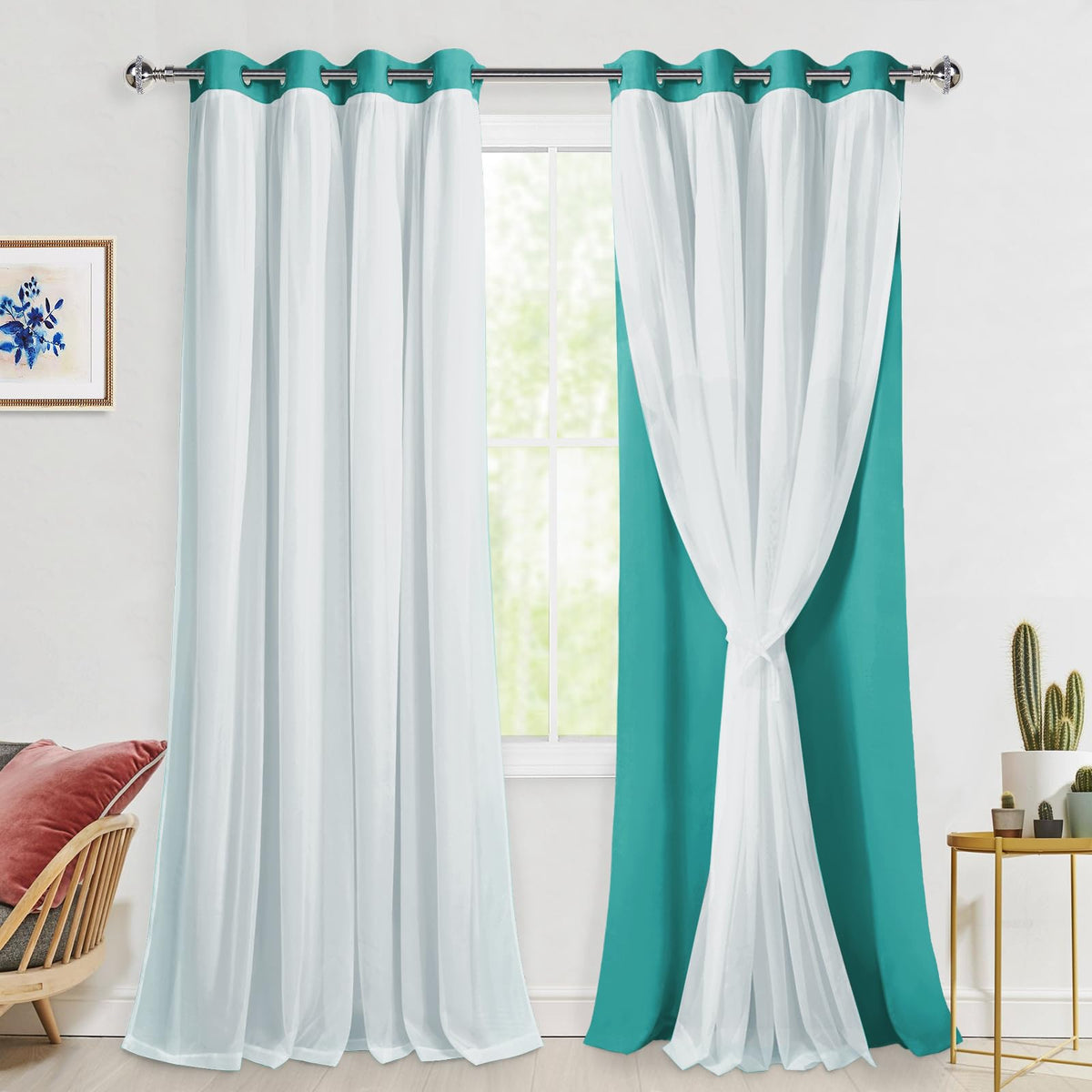 Hiasan Mix&Match Blackout Curtains With Sheer Overlay, Double Layer Thermal Insulated Privacy Grommet Window Curtains For Girls