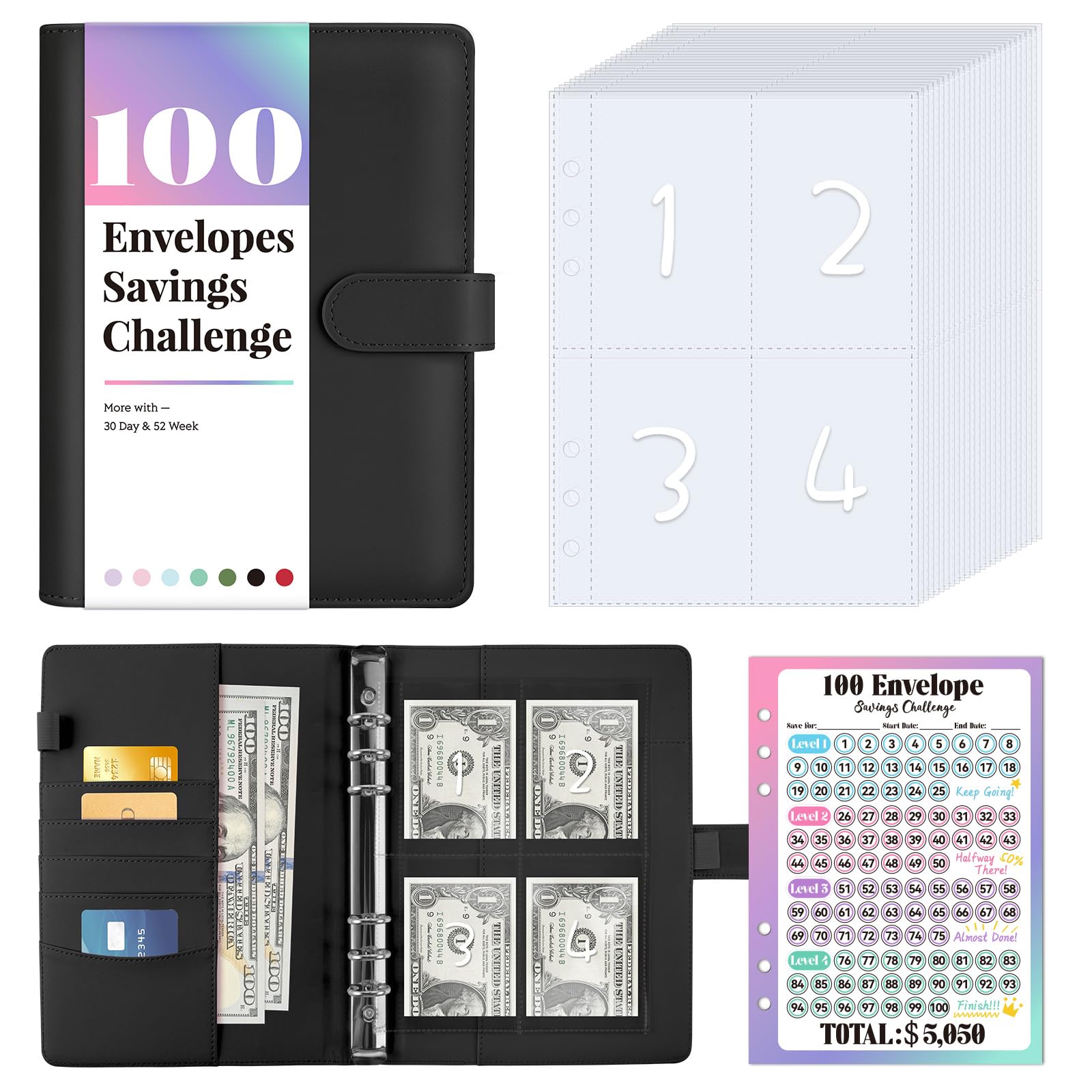 Sooez 100 Envelopes Money Saving Challenge, Savings Challenges Book With Envelopes, Flexible Saving $5050, 2600, 300, Savings Bi