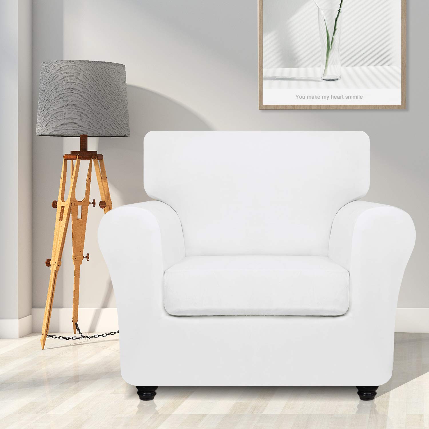 Znsayotx Luxury Velvet Chair Slipcovers With Arms 2 Piece Stretch Chair Covers For Living Room Thick Soft Armchair Slipcover Anti Slip Dog Pet Friendly Furniture Protector (White),32'-46'(1 Cushion)