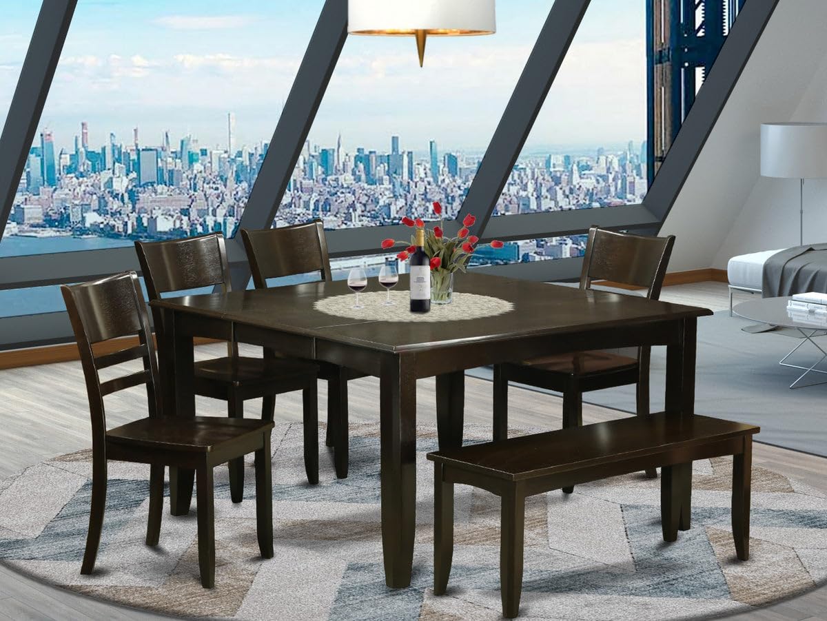 East West Furniture PFLY6-CAP-W 6 Piece Dining Set Contains a Square Dining Room Table with Butterfly Leaf and 4 Kitchen Chairs with a Bench, 54x54 Inch, Cappuccino